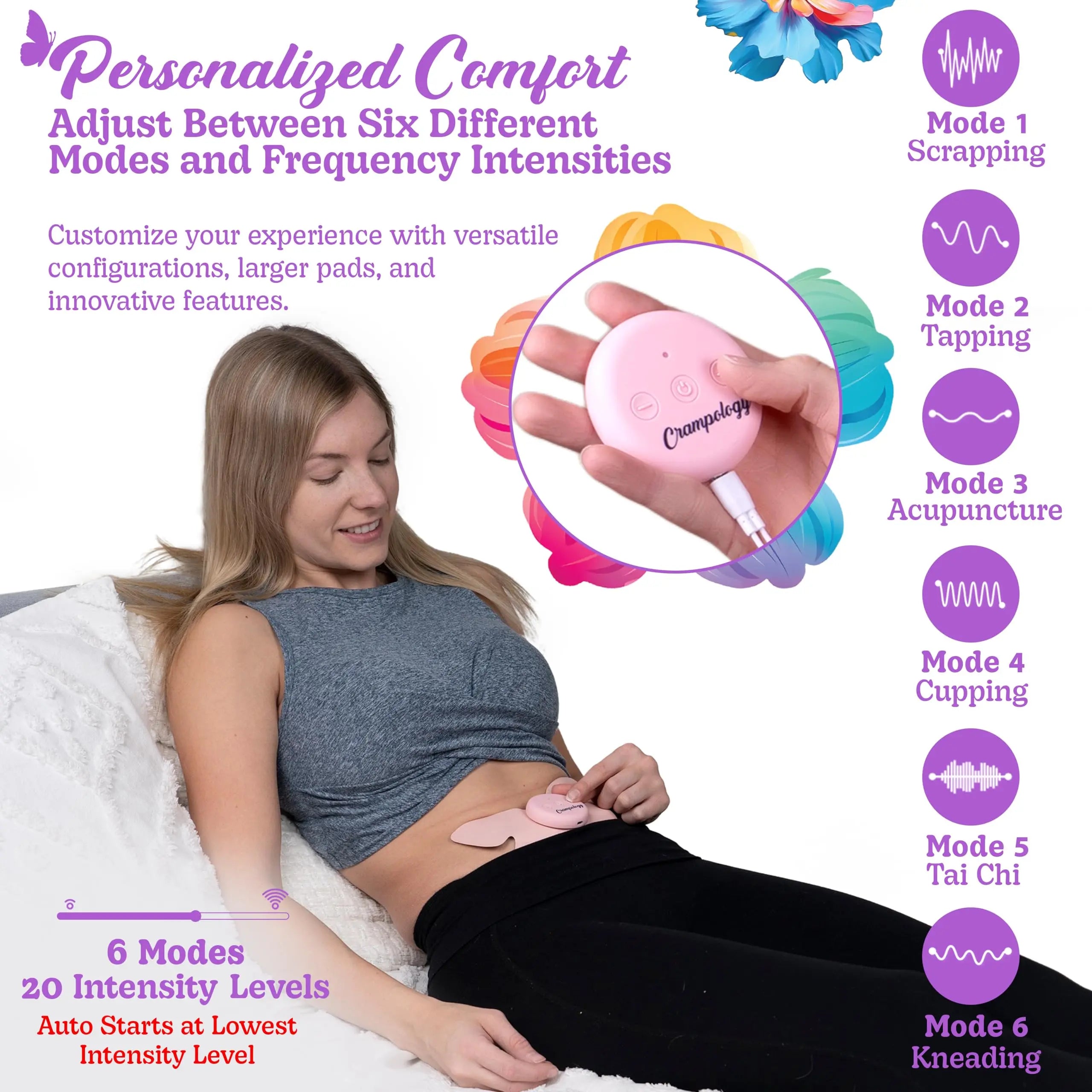 Crampology Relief Pink-Period Cramps Pain Relieving Device, Cramp Massager for Menstrual and Lower Back Ache, Reduces Endometriosis Discomfort, PMS TENS Unit, Wireless or Wired, Natural Cycle Support Crampology uk supplements