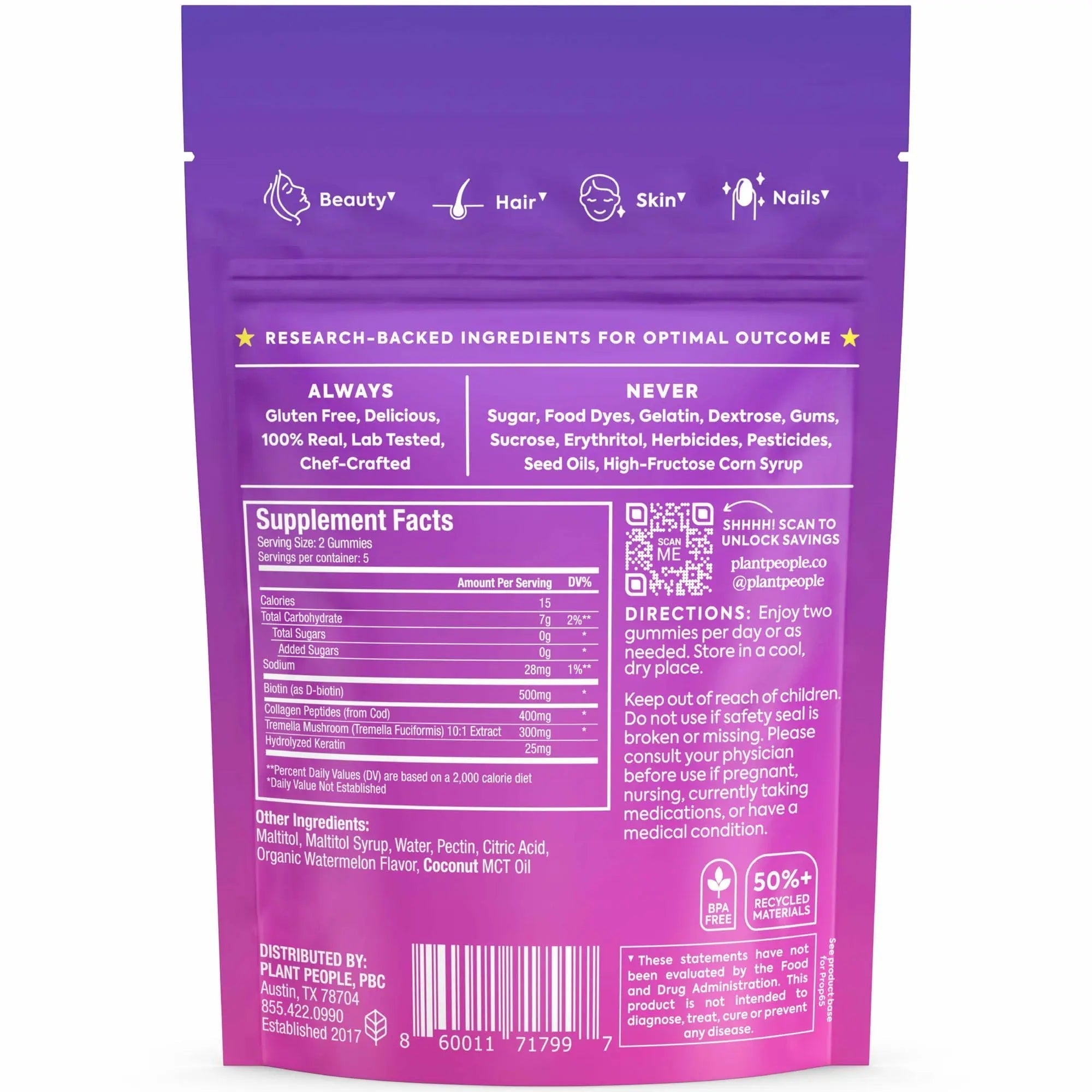 Plant People WonderBeauty Hair, Skin & Nails Rejuvenation Gummies with Tremella Mushroom, Marine Collagen Peptides, Keratin, & Biotin Plant People uk supplements