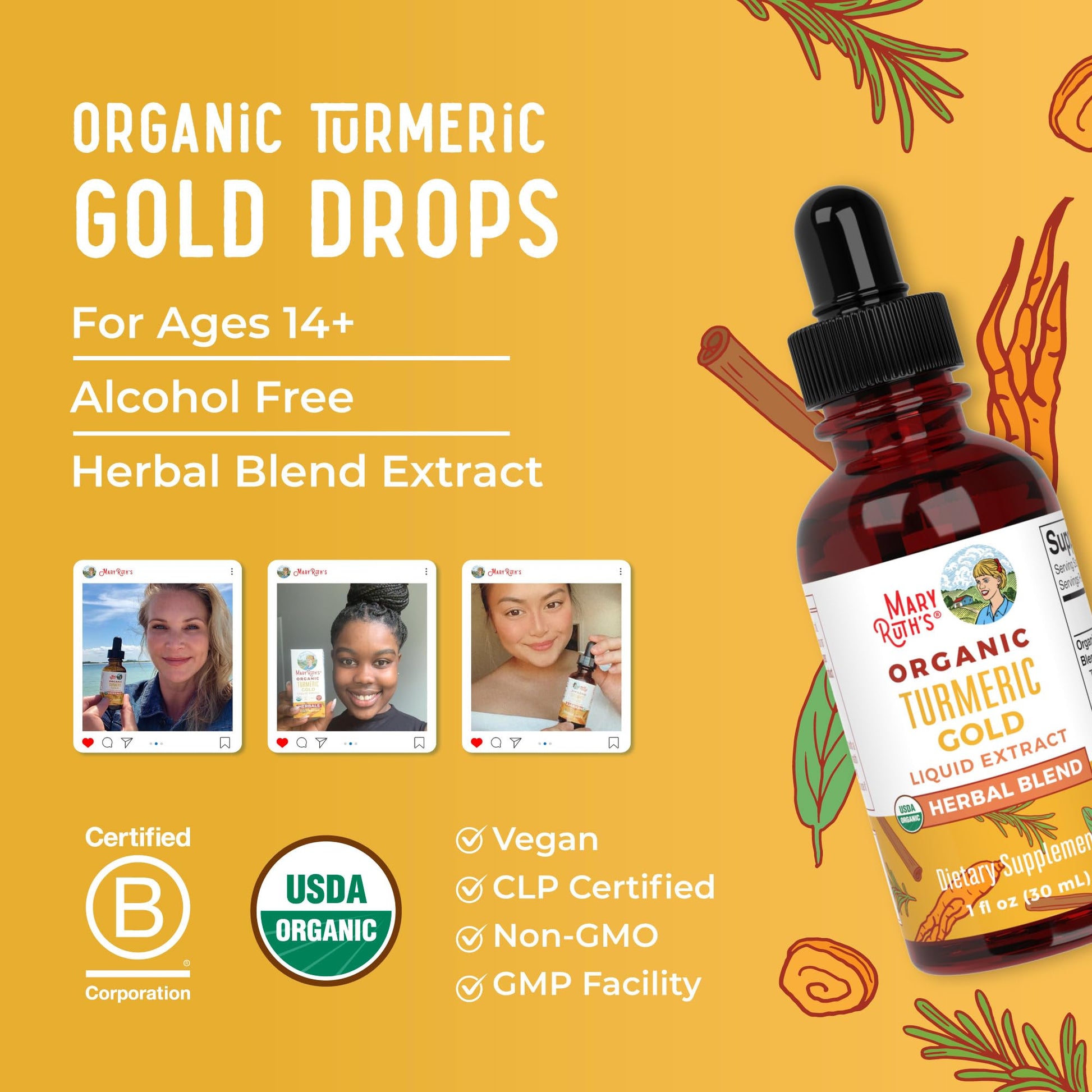 MaryRuth Organics USDA Turmeric Gold Liquid Drops | Herbal Blend | Turmeric Curcumin | Black Pepper | Cassia Cinnamon Bark | Ginger Root | Immune Support | Non-GMO Project Verified | Vegan | 1oz MARYRUTH'S uk supplements
