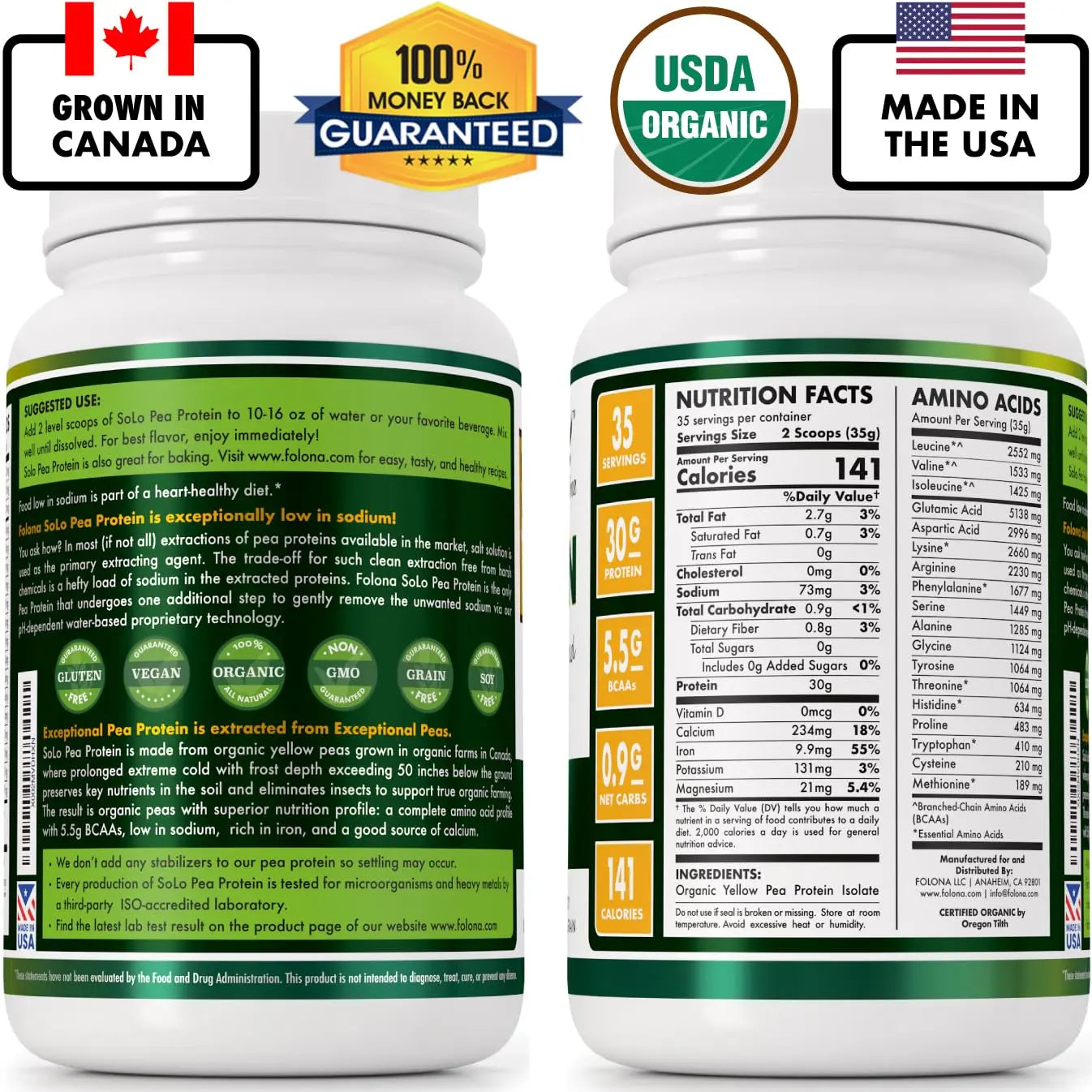 SOLO Organic Pea Protein Isolate, Low in Sodium, Canada Grown Peas, 100% Vegan, Non-GMO, Unflavored Plant Based Protein Powder with BCAA, Keto & Paleo Friendly, FOLONA uk supplements