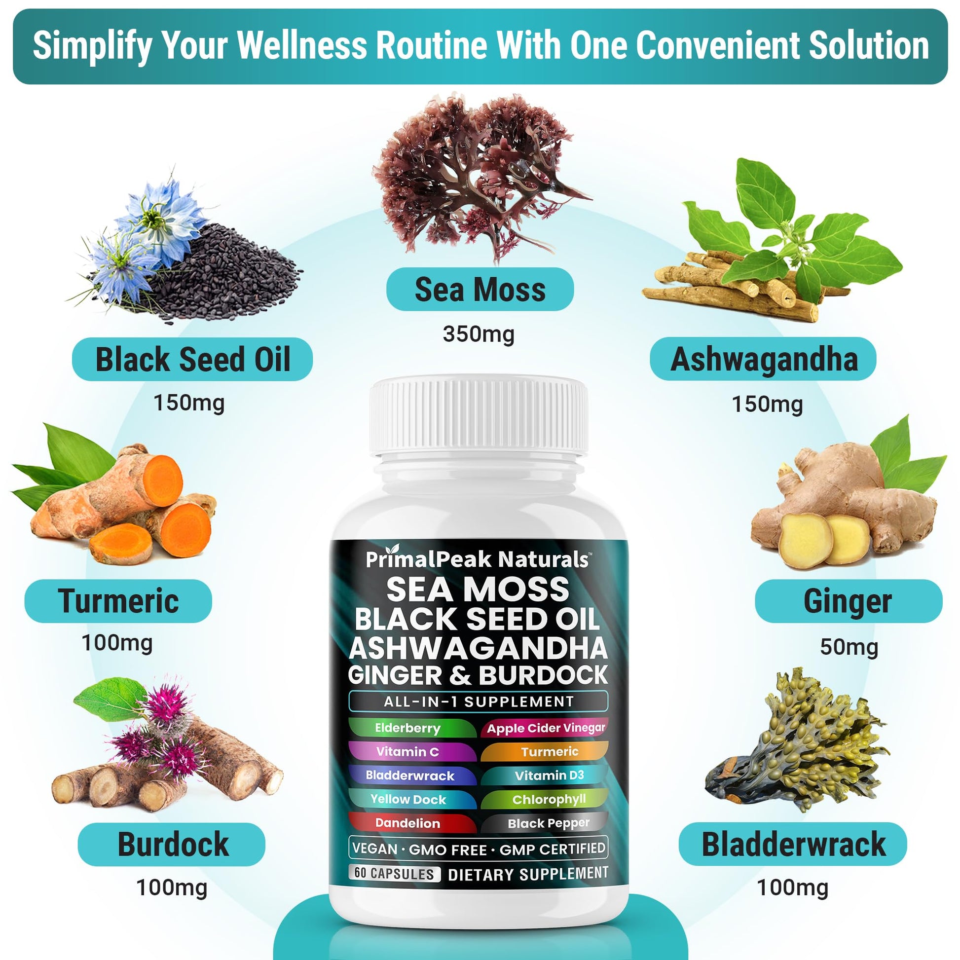 PrimalPeak Naturals Sea Moss Black Seed Oil Ashwagandha Ginger Burdock Bladderwrack Turmeric & Vitamin C Vitamin D3 with ACV Elderberry Chlorophyll Dandelion Yellow Dock Vegan Capsules - 60 Count PrimalPeak Naturals uk supplements
