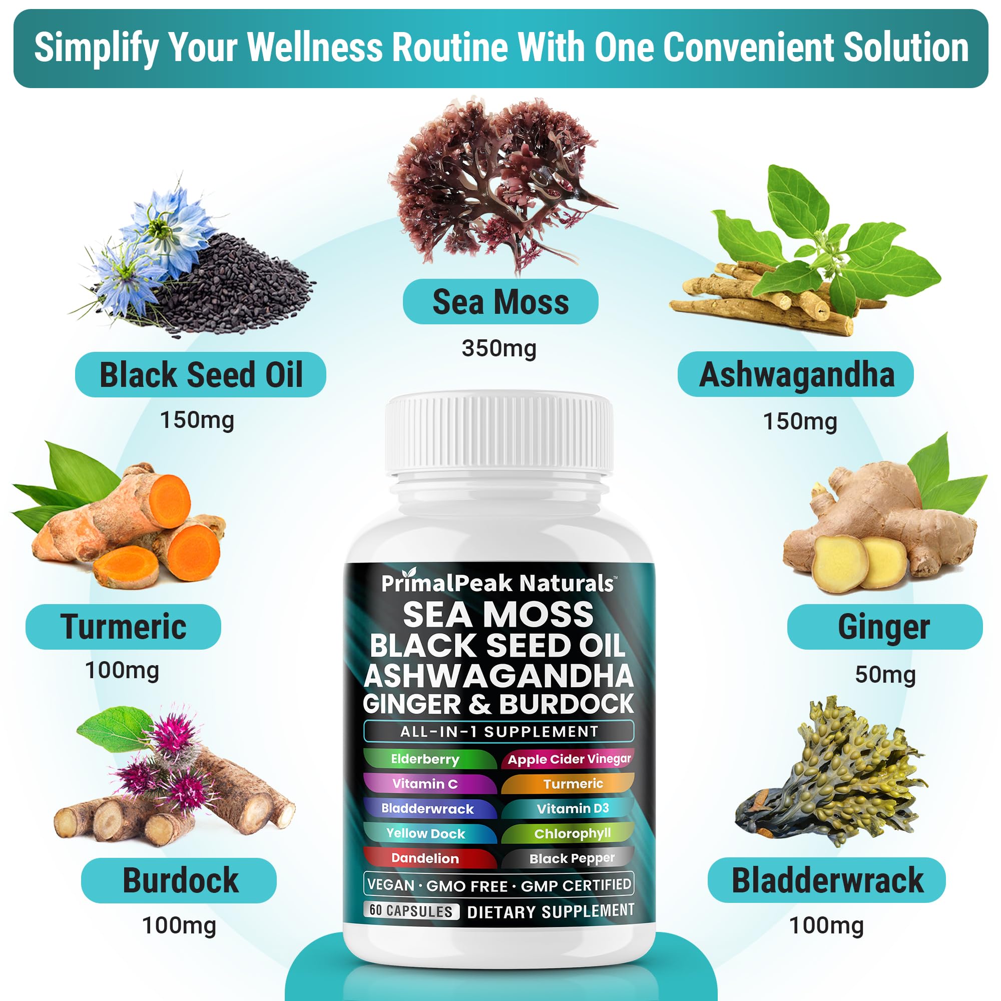 PrimalPeak Naturals Sea Moss Black Seed Oil Ashwagandha Ginger Burdock Bladderwrack Turmeric & Vitamin C Vitamin D3 with ACV Elderberry Chlorophyll Dandelion Yellow Dock Vegan Capsules - 60 Count PrimalPeak Naturals uk supplements