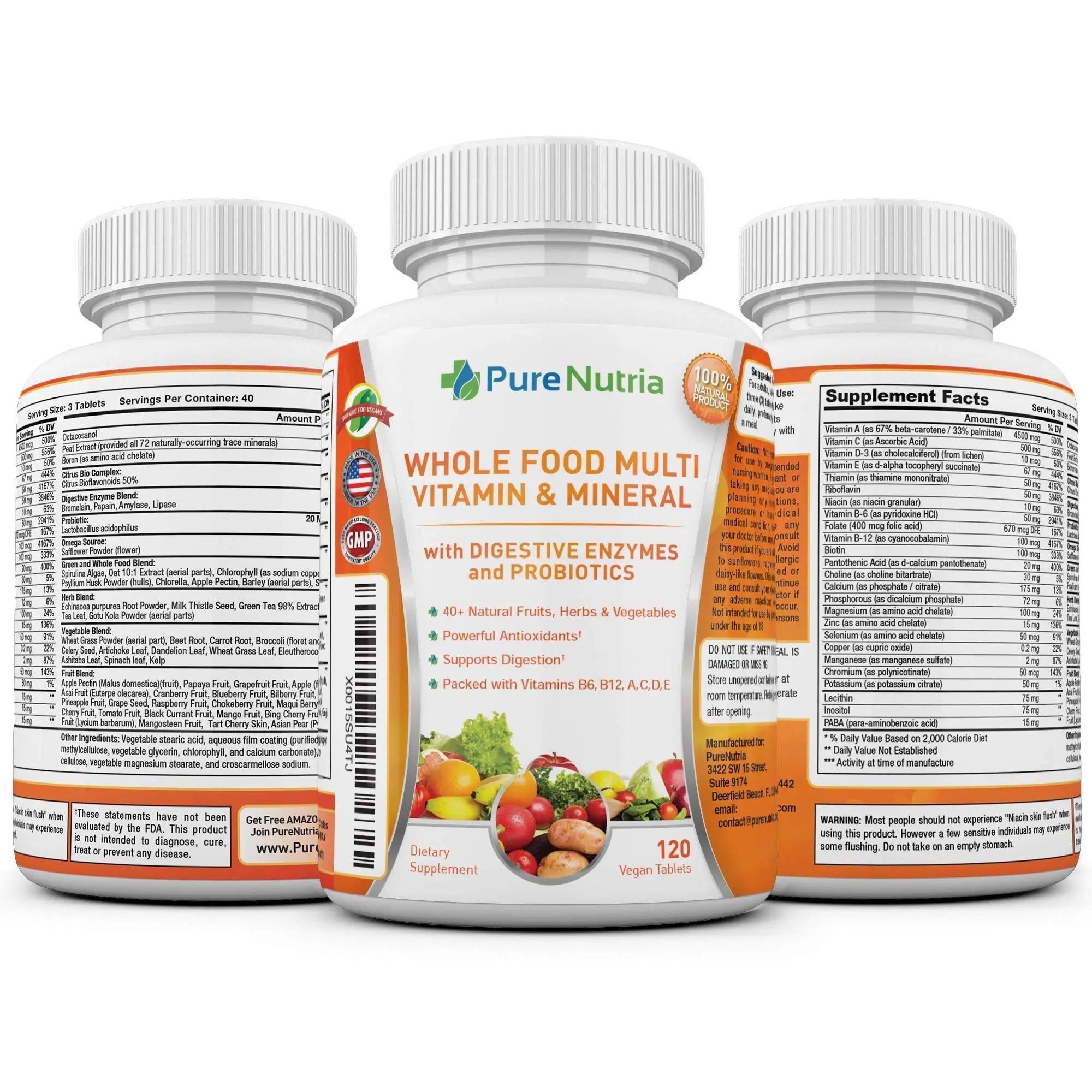 Whole Food MultiVitamin and Minerals with Probiotic Enzymes - 120 Multivitamins for Women and Men - Packed with WholeFood and Herbal Ingredients PureNutria uk supplements