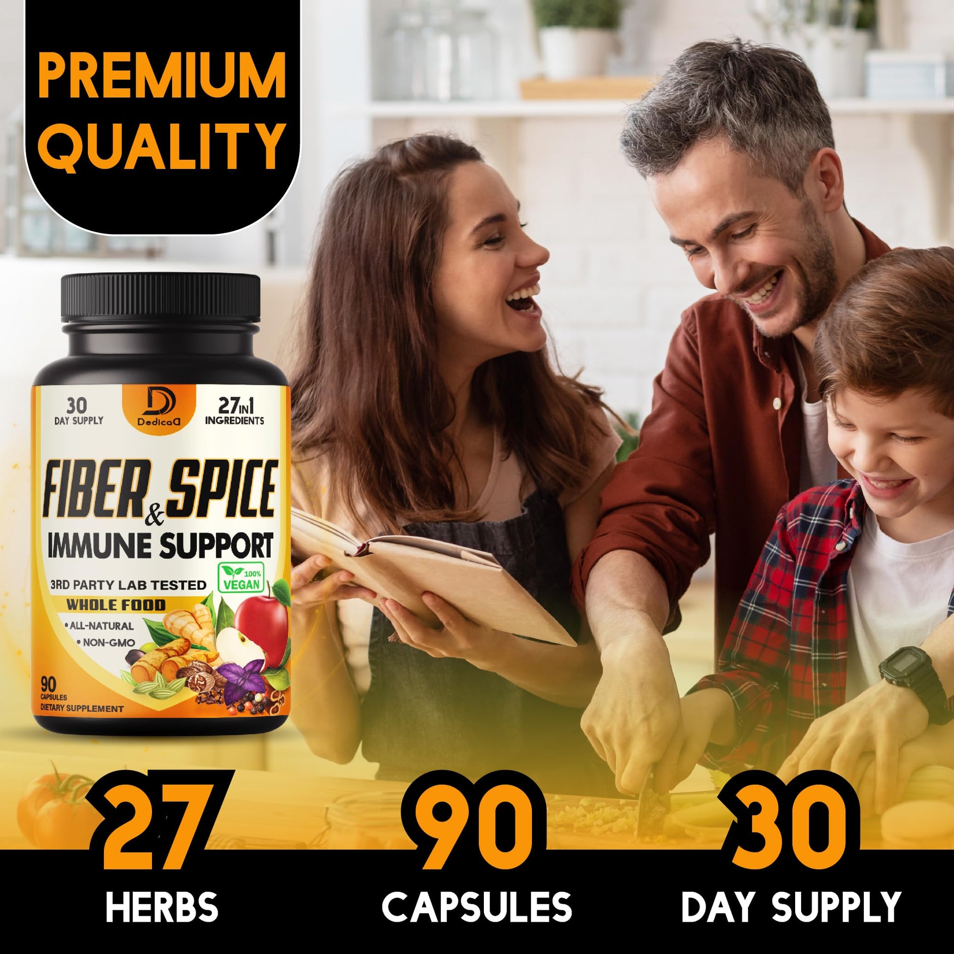 DEDICAD 27in1 Fiber and Spice Supplement - Combined with Organic Psyllium, Whole Apple, Elderberry & More - Support Mood, Body & Immunity - 90 Capsules for 1 Month DEDICAD uk supplements