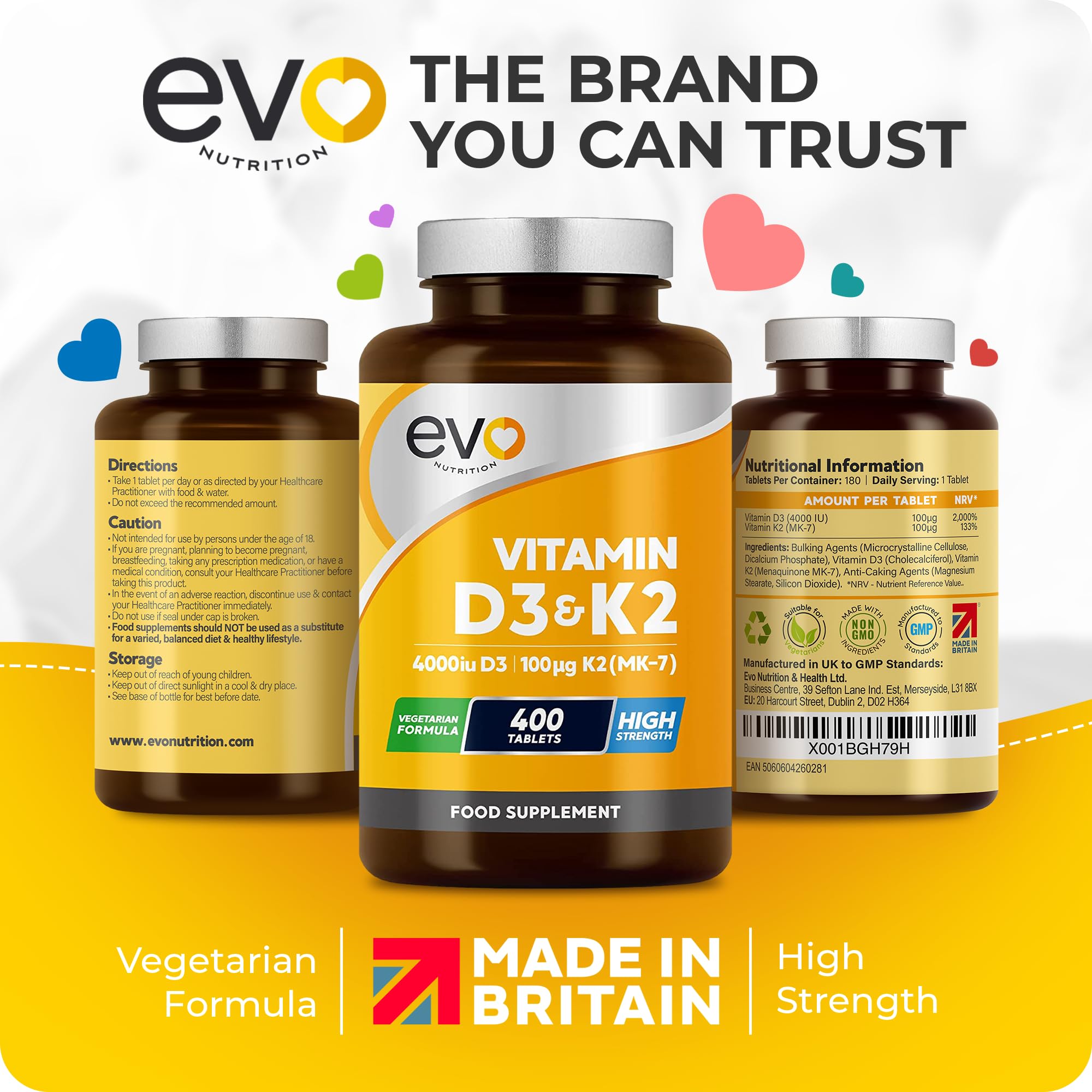 Vitamin D3 4000iu & Vitamin K2 100ug MK7 | 400 Vegetarian Tablets - 1 Year Supply EVO NUTRITION uk supplements