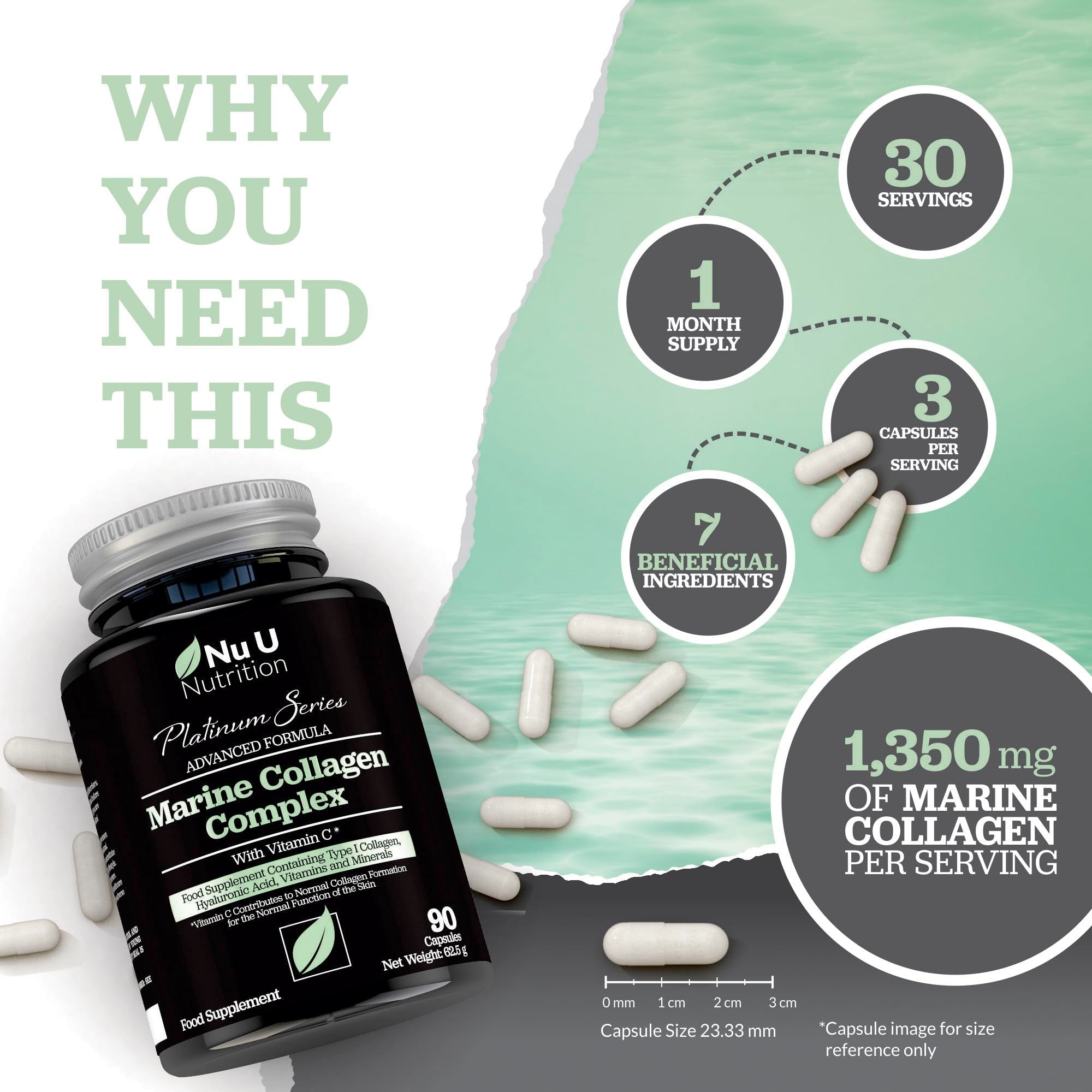 Marine Collagen with Hyaluronic Acid, Vitamin C - 90 Hydrolysed Capsules (not Tablets Nu U Nutrition uk supplements