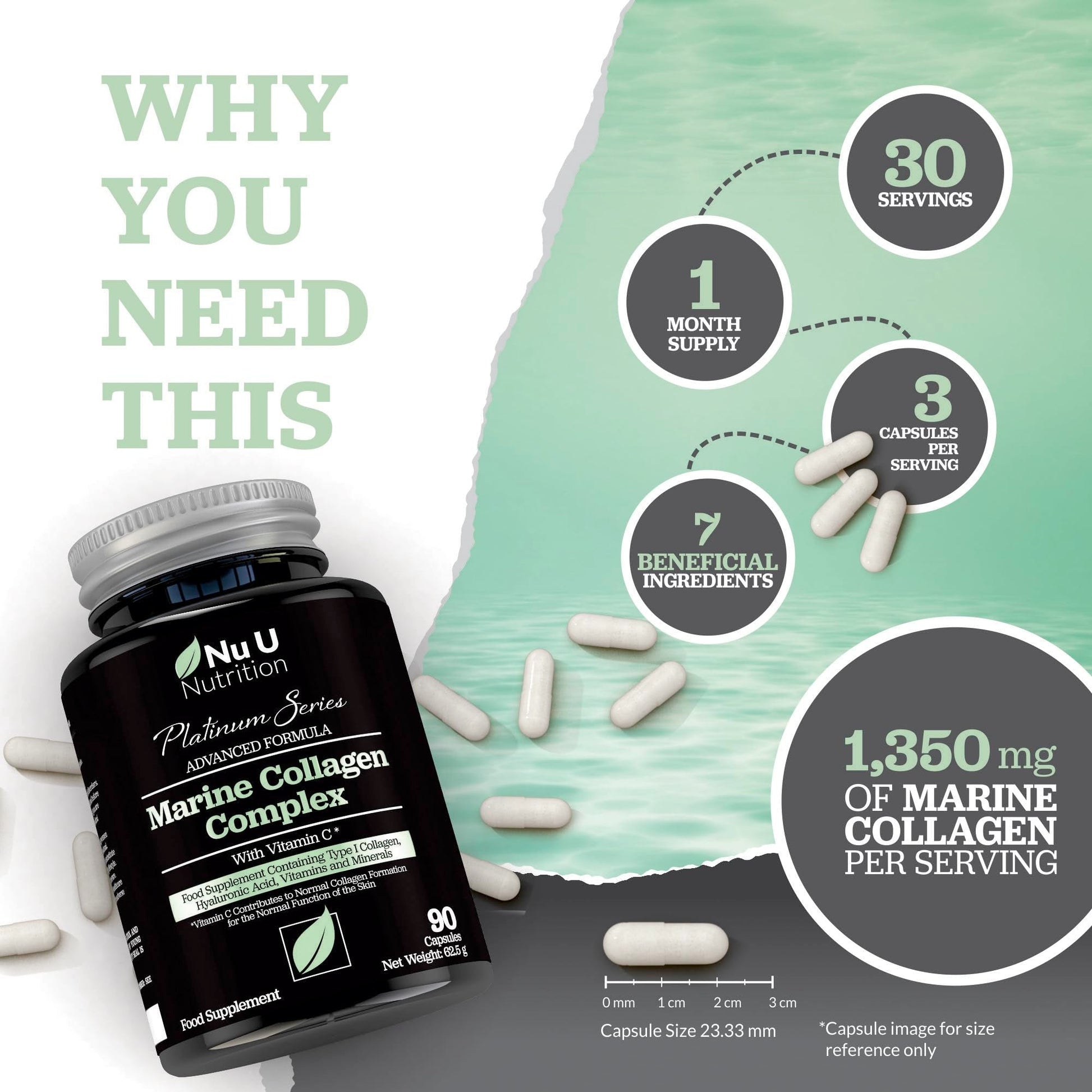 Marine Collagen with Hyaluronic Acid, Vitamin C - 90 Hydrolysed Capsules (not Tablets) - Premium High Strength Collagen Nu U Nutrition uk supplements