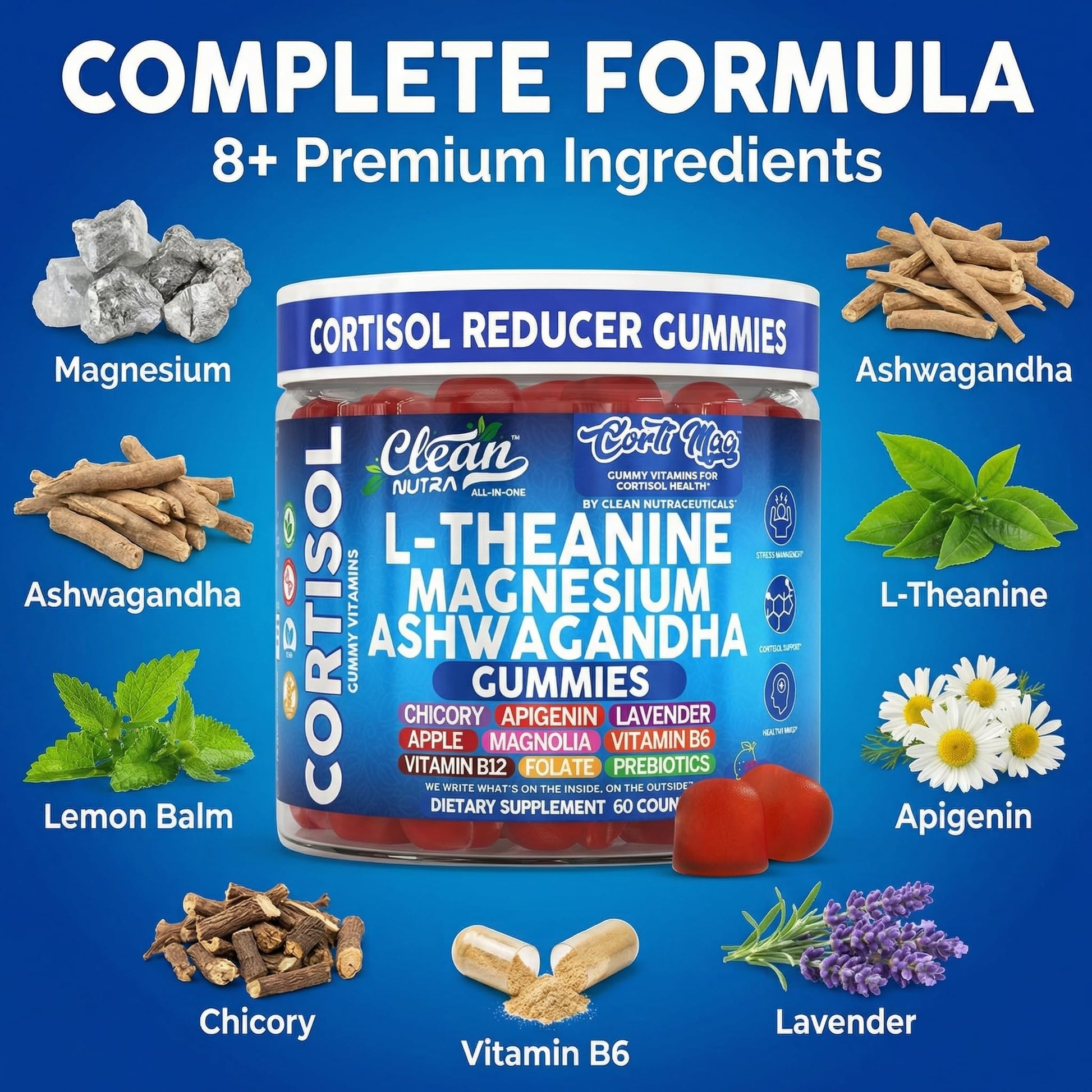 Clean Nutra Cortisol Supplement Gummies L-Theanine Magnesium Ashwagandha Apigenin Vitamin B6 Sleep and Calm Support Lavender Chicory Prebiotic Advanced Gummy Formula Clean Nutraceuticals uk supplements
