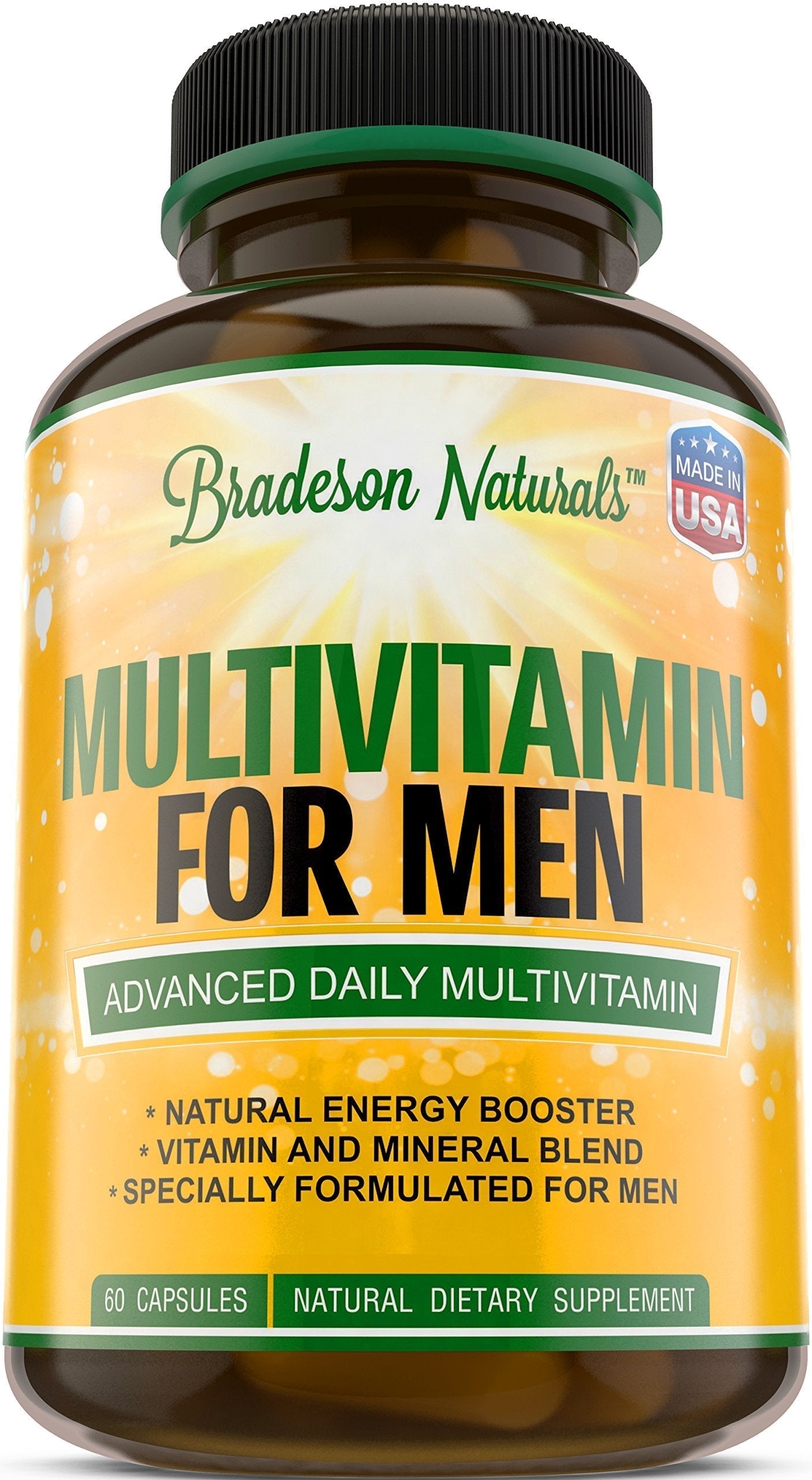 Bradeson Naturals Men's Multivitamin Supplement for Energy, Focus and Performance. Mens Vitamins A, C, D, E & B12, Zinc, Calcium, Magnesium & More. Multi Vitamin 60 Capsules Made in The USA Bradeson Naturals uk supplements