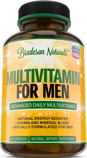 Bradeson Naturals Men's Multivitamin Supplement for Energy, Focus and Performance. Mens Vitamins A, C, D, E & B12, Zinc, Calcium, Magnesium & More. Multi Vitamin 60 Capsules Made in The USA Bradeson Naturals uk supplements