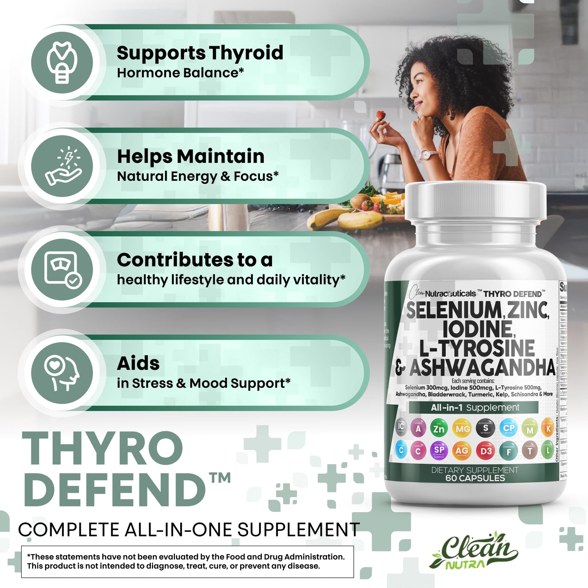 Clean Nutra Selenium 300mcg Iodine 500mcg Thyroid Support for Women & Men | L Tyrosine 500mg Ashwagandha Supplement Bladderwrack, Turmeric, Kelp, Schisandra Zinc Pills Capsule Supplements Clean Nutraceuticals uk supplements