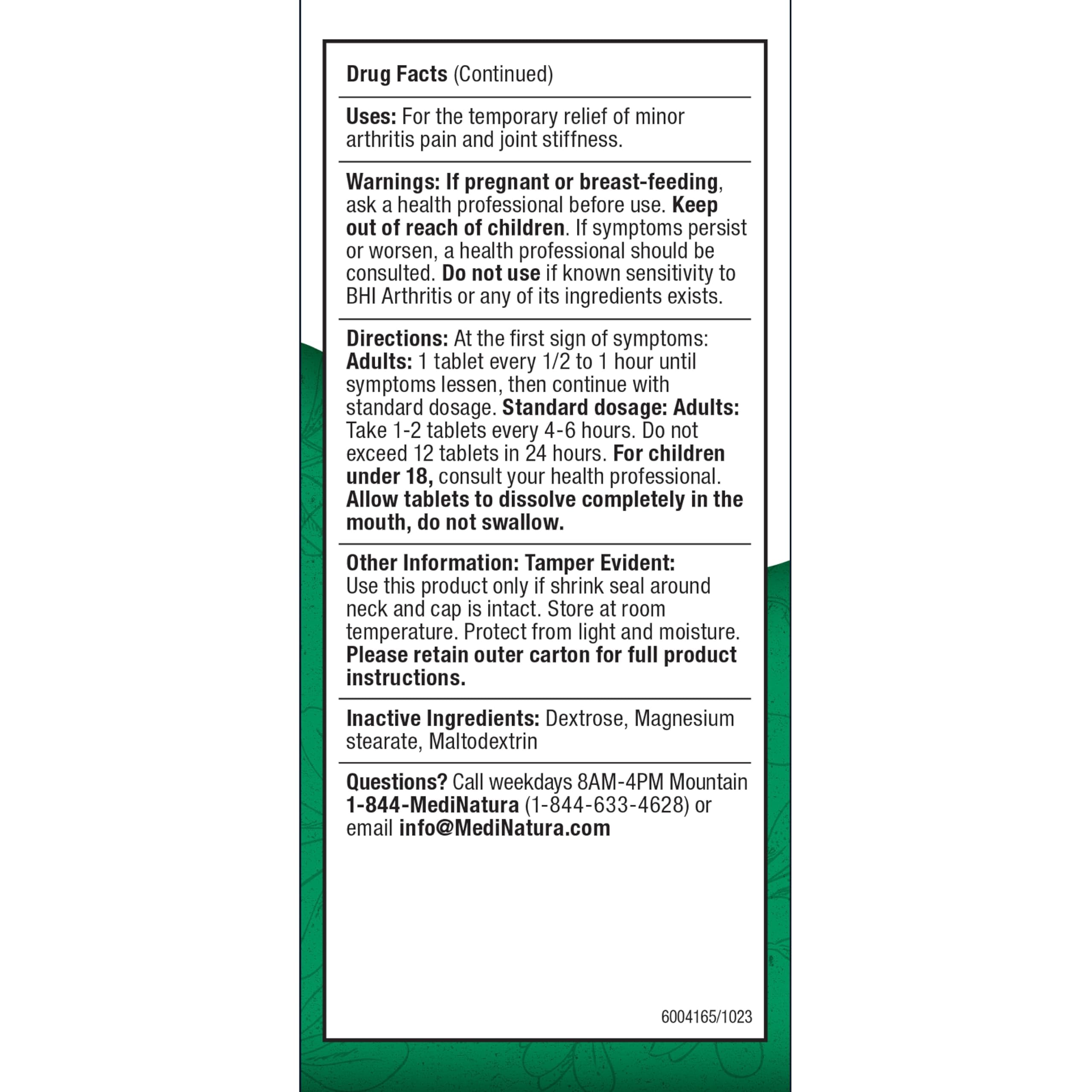 BHI Arthritis Pain Relief Daily Joint Health Support Arnica + 13 Natural Actives Homeopathic Plant & Mineral Blend Helps Relieve Minor Pain & Stiffness in Joints for Women & Men - 100 Tablets MediNatura uk supplements
