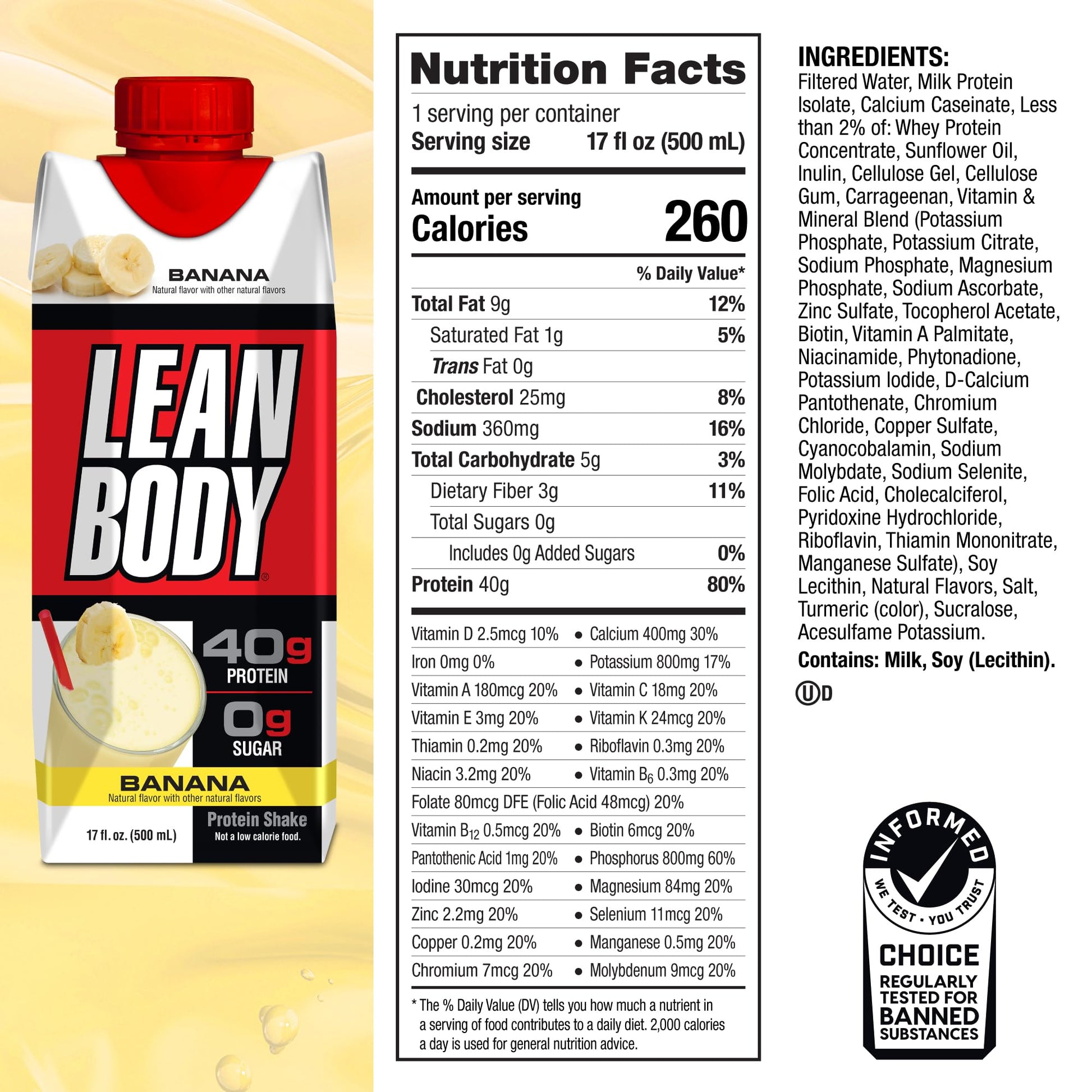 Lean Body Ready-to-Drink Banana Protein Shake, 40g Protein, Whey Blend, 0 Sugar Labrada uk supplements