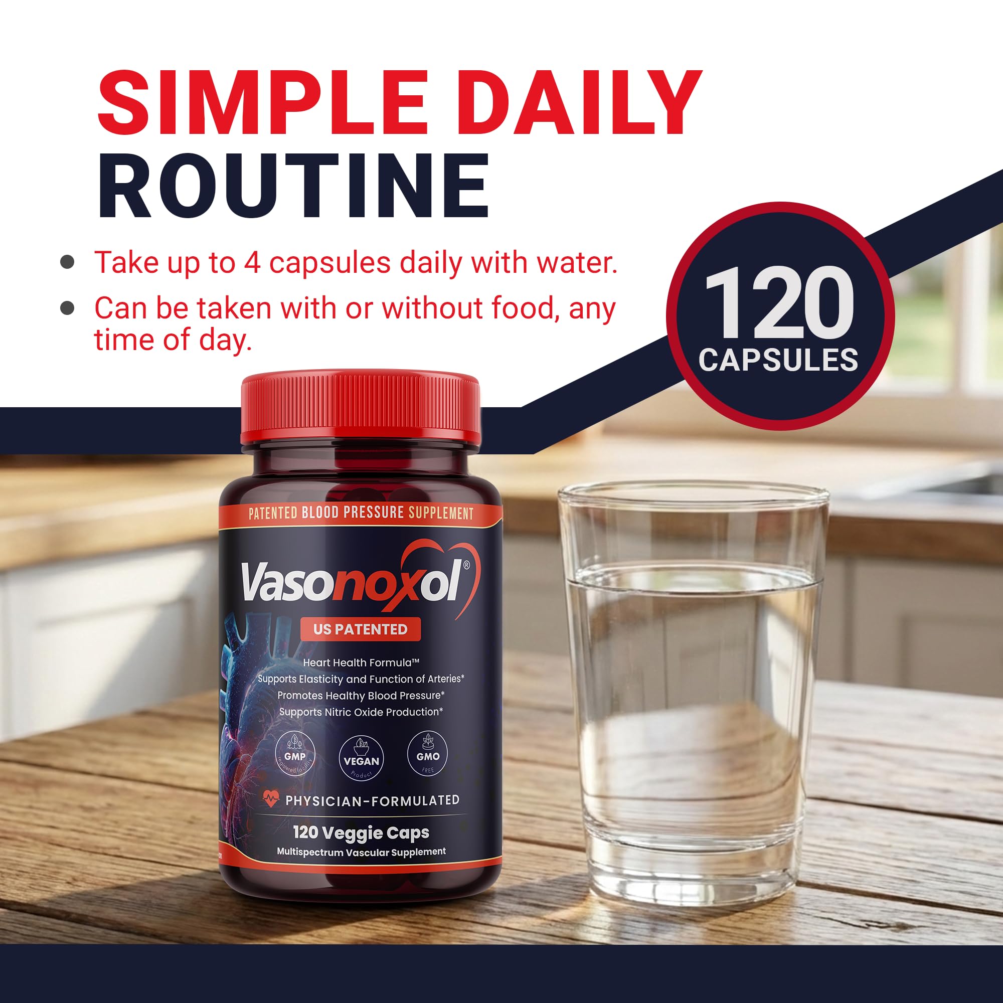 Vasonoxol U.S. Patented Nitric Oxide Supplement for Blood Pressure Support 2880mg - Physician Formulated Vascular Health Formula with L-Arginine & L-Citrulline - Vegan, Non-GMO (120 Capsules) Panoxol uk supplements