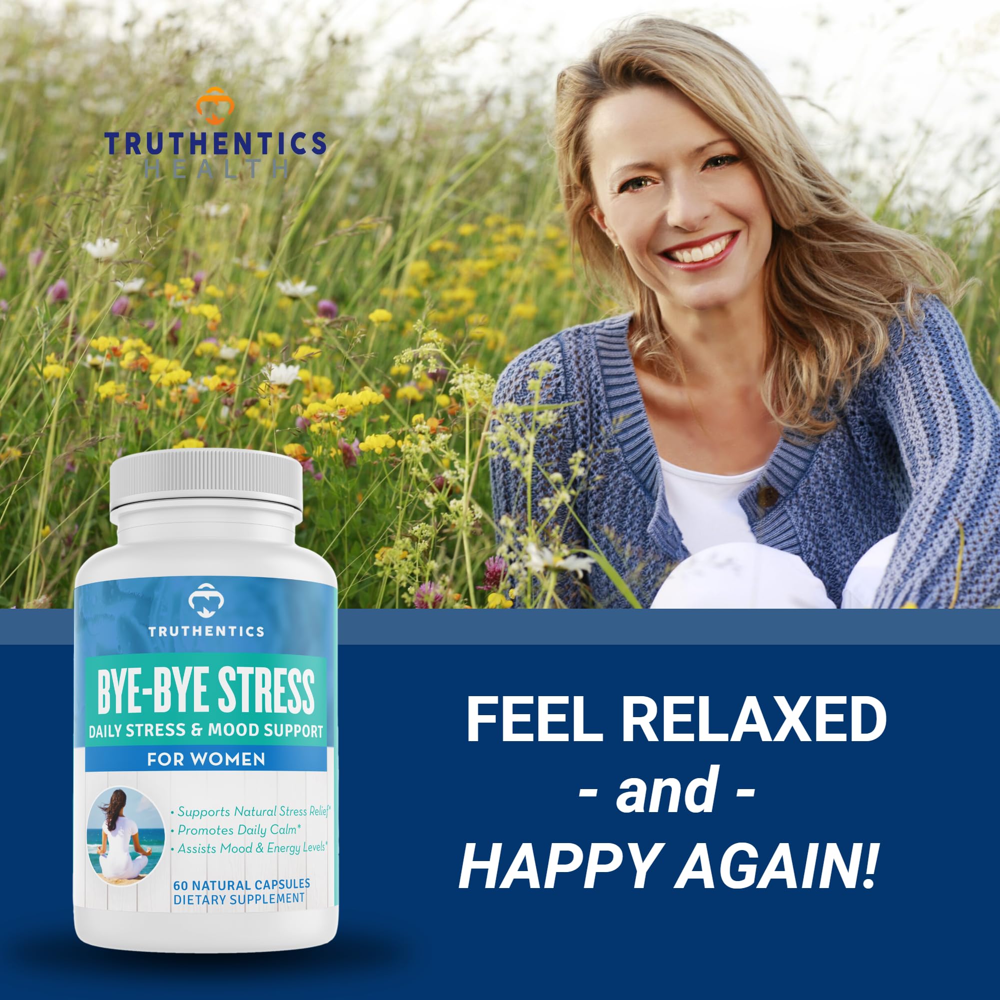 TRUTHENTICS Bye-Bye Stress - Stress & Mood Support Supplement for Women with Ashwagandha, GABA, Lemon Balm, L-Theanin & Vitamin B Complex - Vegan - 60 Capsules TRUTHENTICS uk supplements