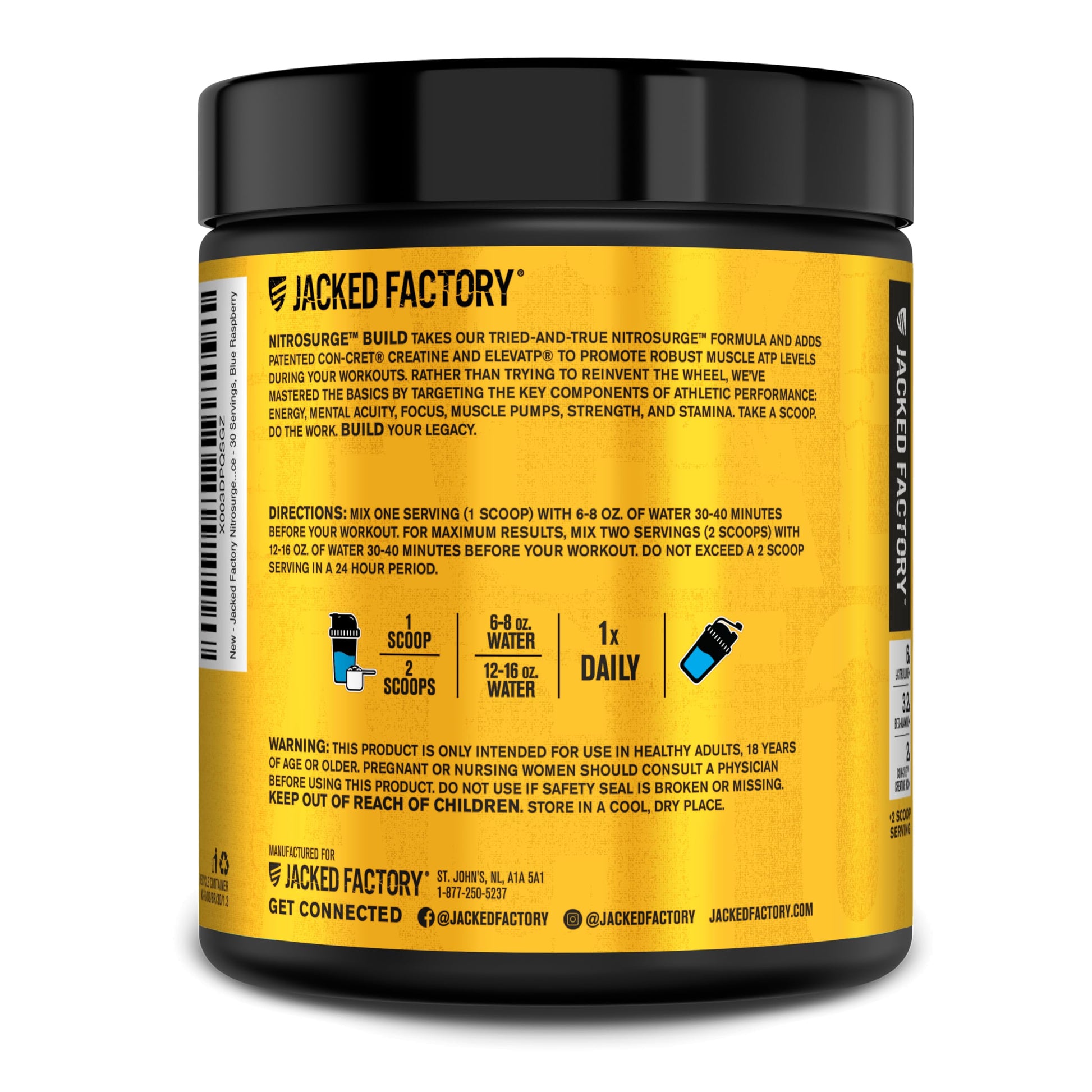 Jacked Factory Nitrosurge Build Pre Workout with Creatine for Muscle Building - Con Cret Creatine Powder & elevATP for Intense Energy, Powerful Pump, Jacked Factory uk supplements