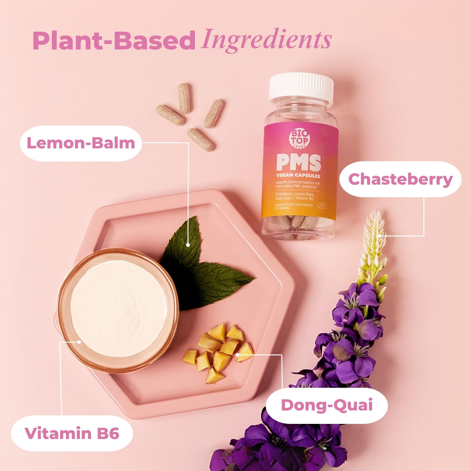 BIOTOPLEVEL PMS Support Supplement for Women & PMS Relief, Hormone Balance & Menstrual Period Relief for Cramps, Bloating & Mood Swings with Chasteberry, Vitamin B6, Lemon Balm, Dong Quai, 30 Count BIOTOPLEVEL uk supplements