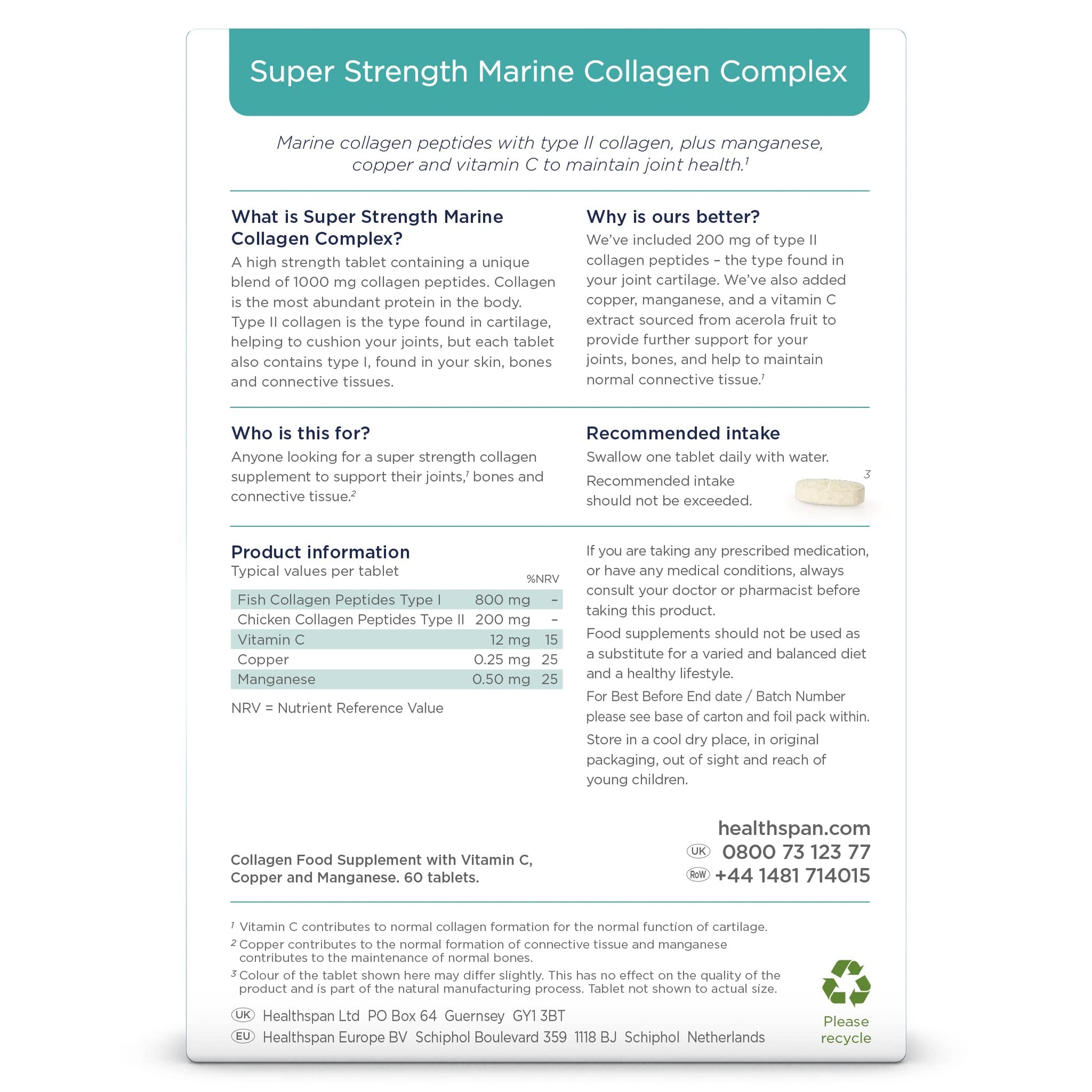 Healthspan 1,000mg Marine Collagen Complex 60 Tablets | 800mg Type I + 200mg Type II Collagen healthspan uk supplements