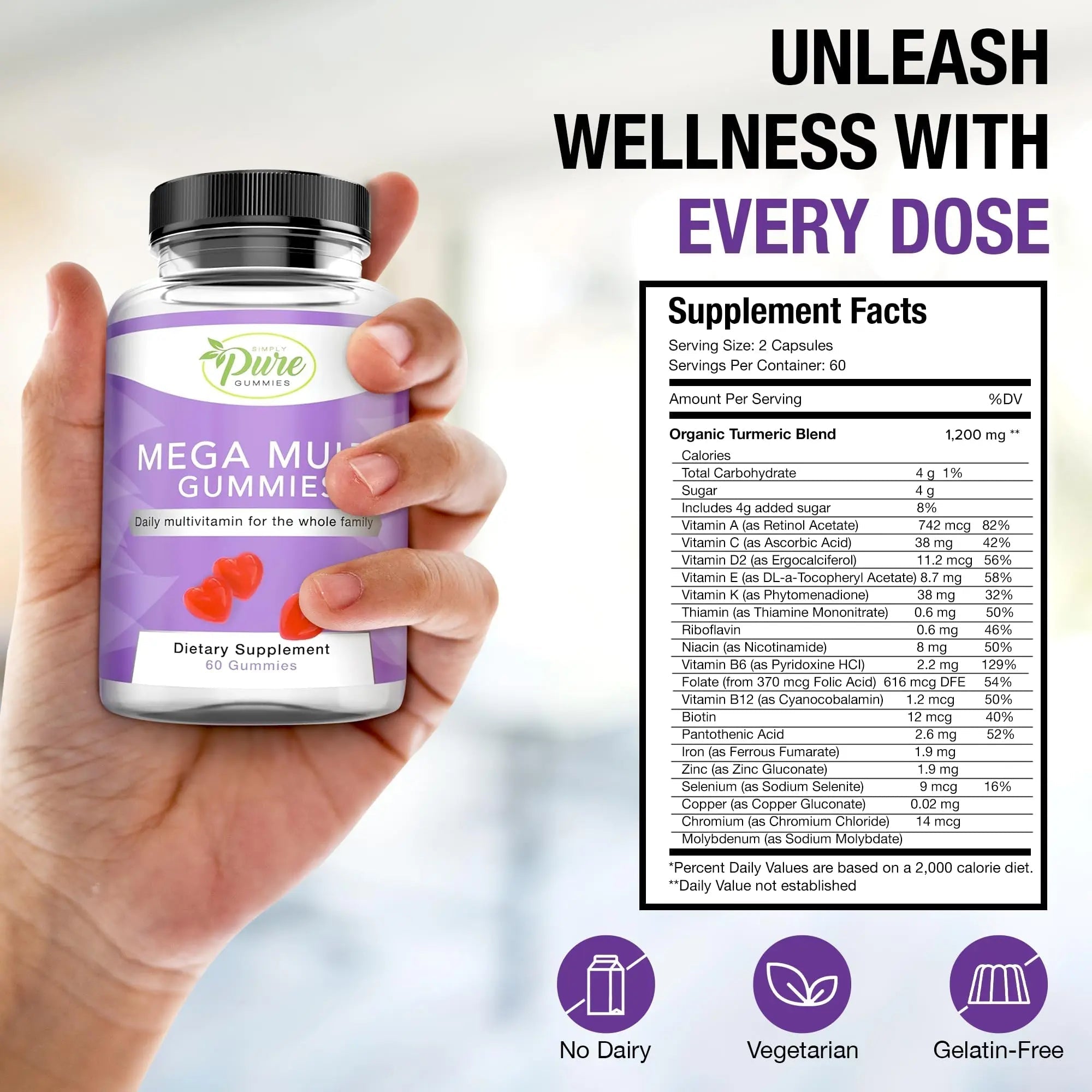 Pure By Nature Mega Multi Gummies, Multivitamin Gummies for Women & Men, Kids Multivitamin Gummies with A, D2, C, E, K, Biotin Pure By Nature uk supplements