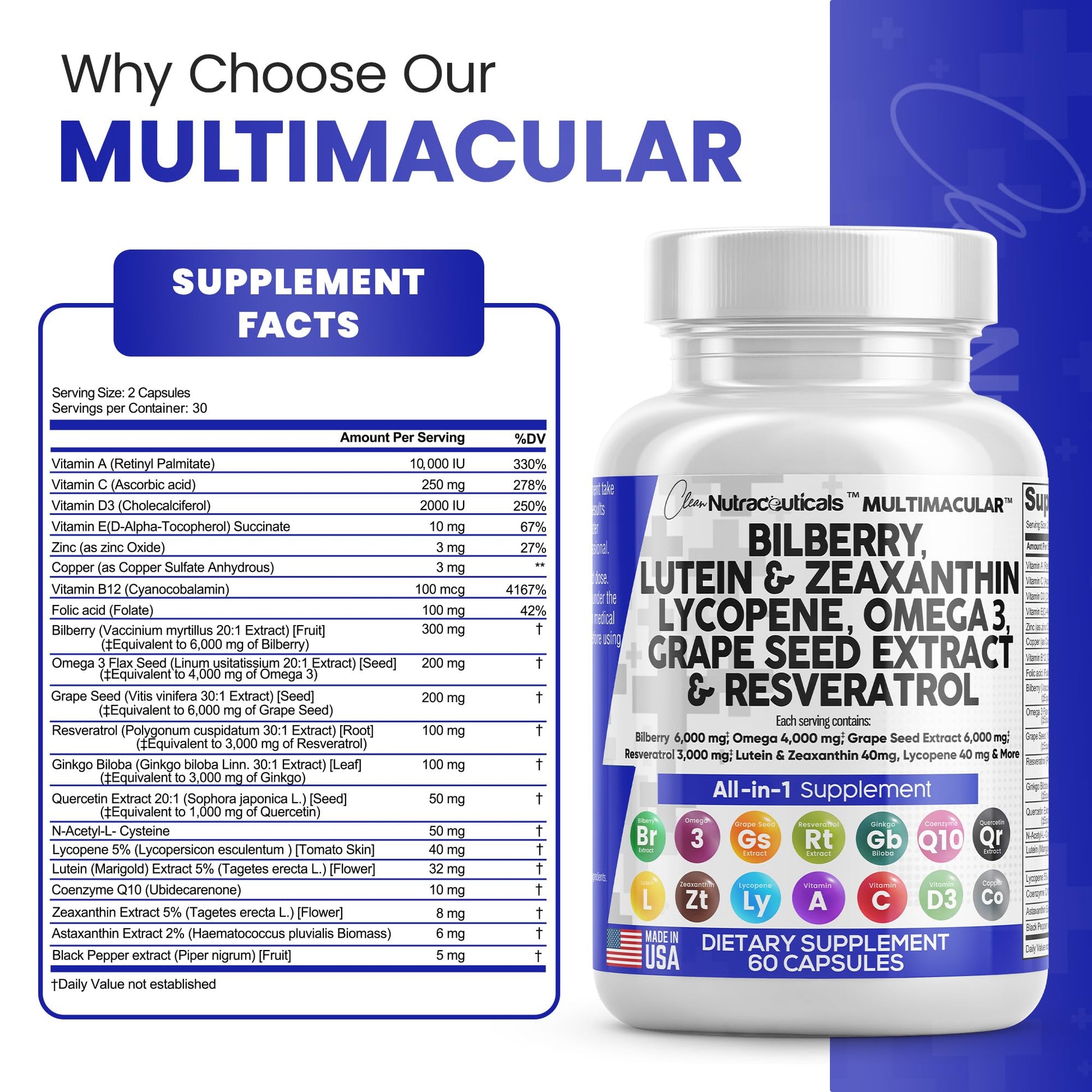 Eye Health Vitamins with Bilberry 6000mg Lutein & Zeaxanthin 40mg Lyco Clean Nutraceuticals uk supplements
