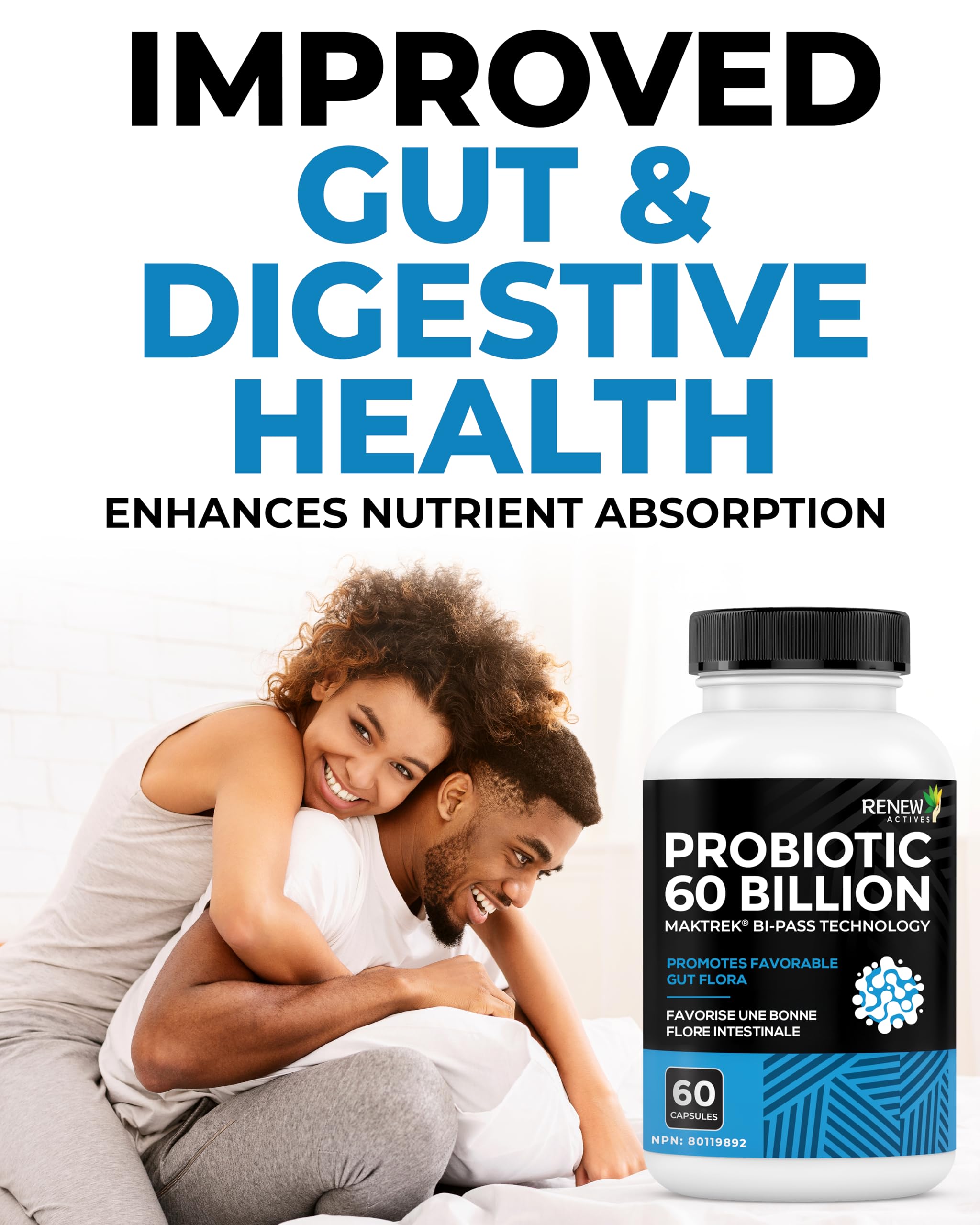 Renew Actives Probiotic Supplement for Digestive Health 60 Billion CFU per 2 Capsules - Advanced Formula with Prebiotic Benefits - Supports Gut Flora Balance & Wellness - Made in Canada - 60 Capsules Renew Actives uk supplements