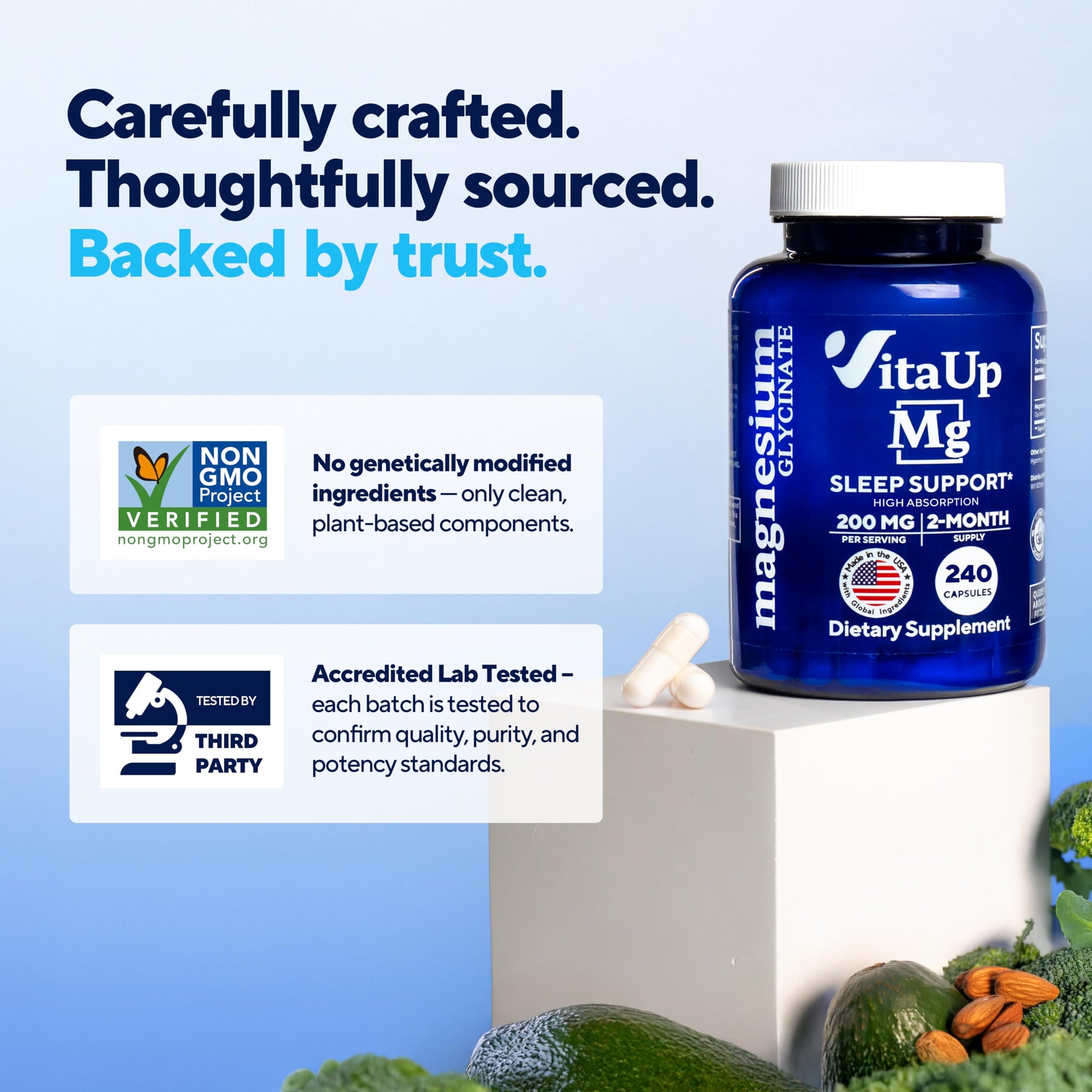 VitaUp Magnesium Glycinate 200mg - USA Made, Highly Absorbed, Non-GMO Magnesium for Relaxation, Deep Sleep, Bones & Heart - 200mg per Serving, 120 Vegan Capsules VitaUp uk supplements