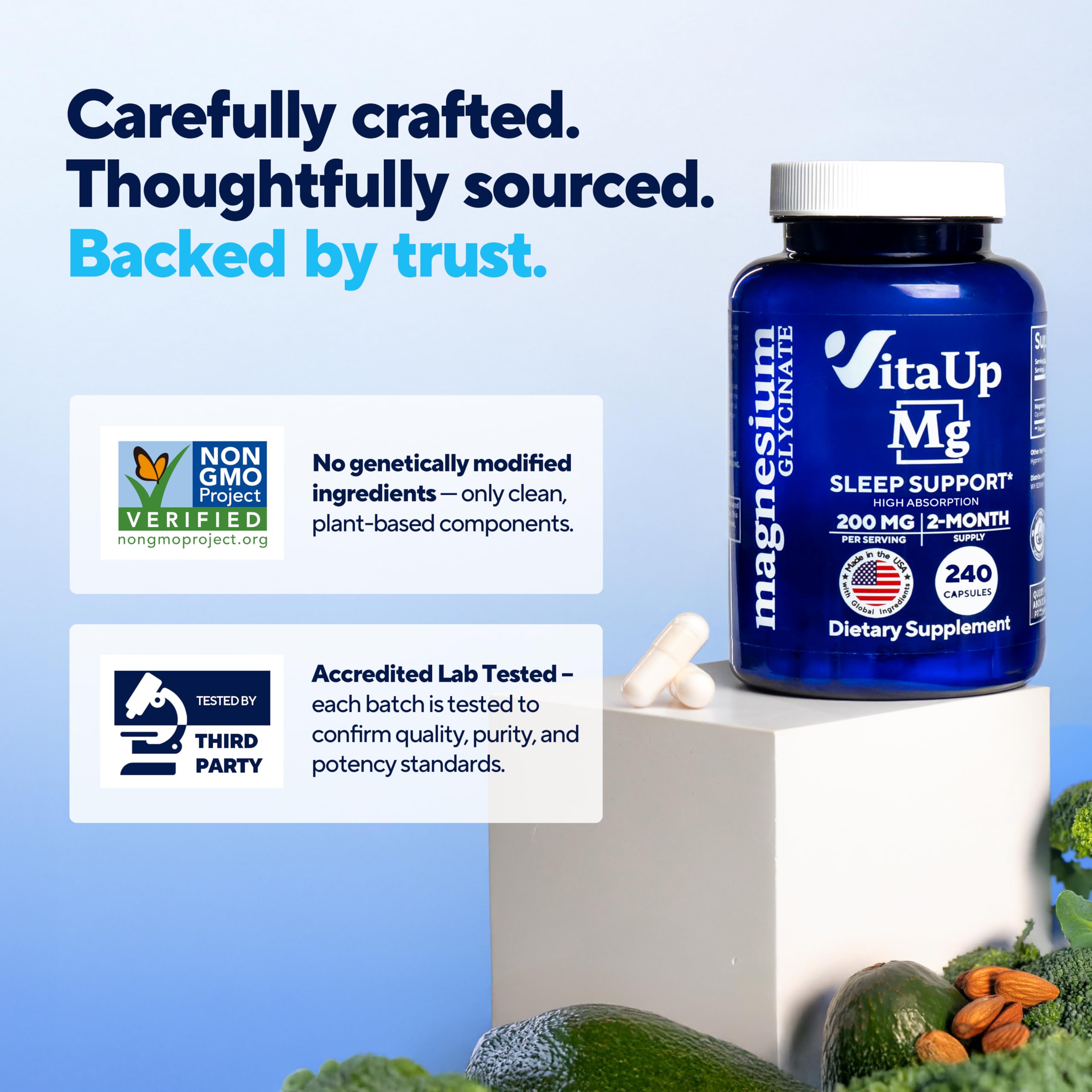 VitaUp Magnesium Glycinate 200mg - USA Made, Highly Absorbed, Non-GMO Magnesium for Relaxation, Deep Sleep, Bones & Heart - 200mg per Serving, 120 Vegan Capsules VitaUp uk supplements