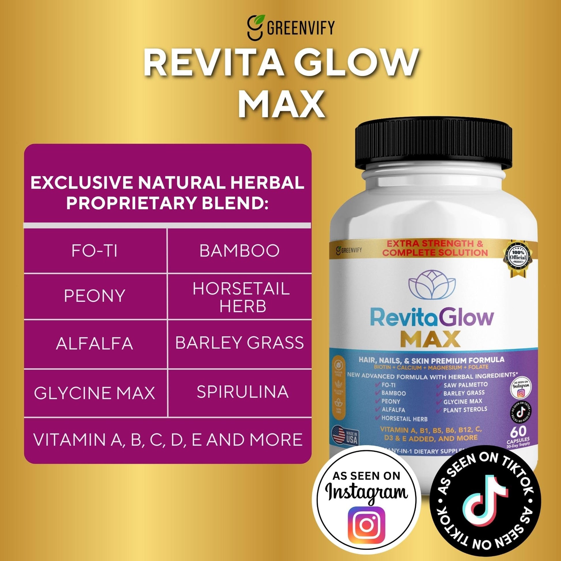 GREENVIFY RevitaGlow Max Hair, Nails & Skin Premium Formula, 60 Capsules, 30-Day Supply, with Biotin, Vitamins A, B1, B5, B6, B12, C, D3, E (1) GREENVIFY uk supplements