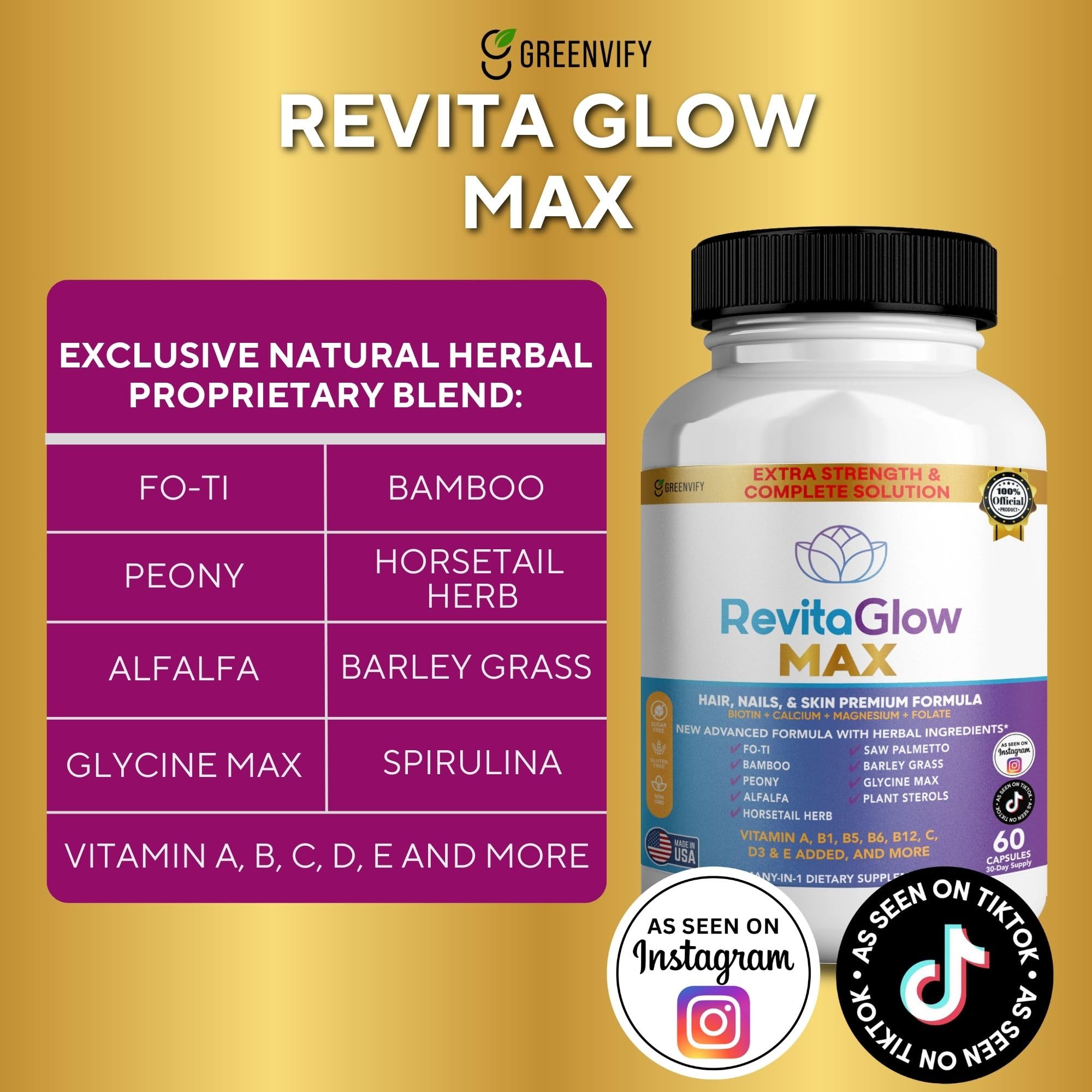 GREENVIFY RevitaGlow Max Hair, Nails & Skin Premium Formula, 60 Capsules, 30-Day Supply, with Biotin, Vitamins A, B1, B5, B6, B12, C, D3, E (1) GREENVIFY uk supplements