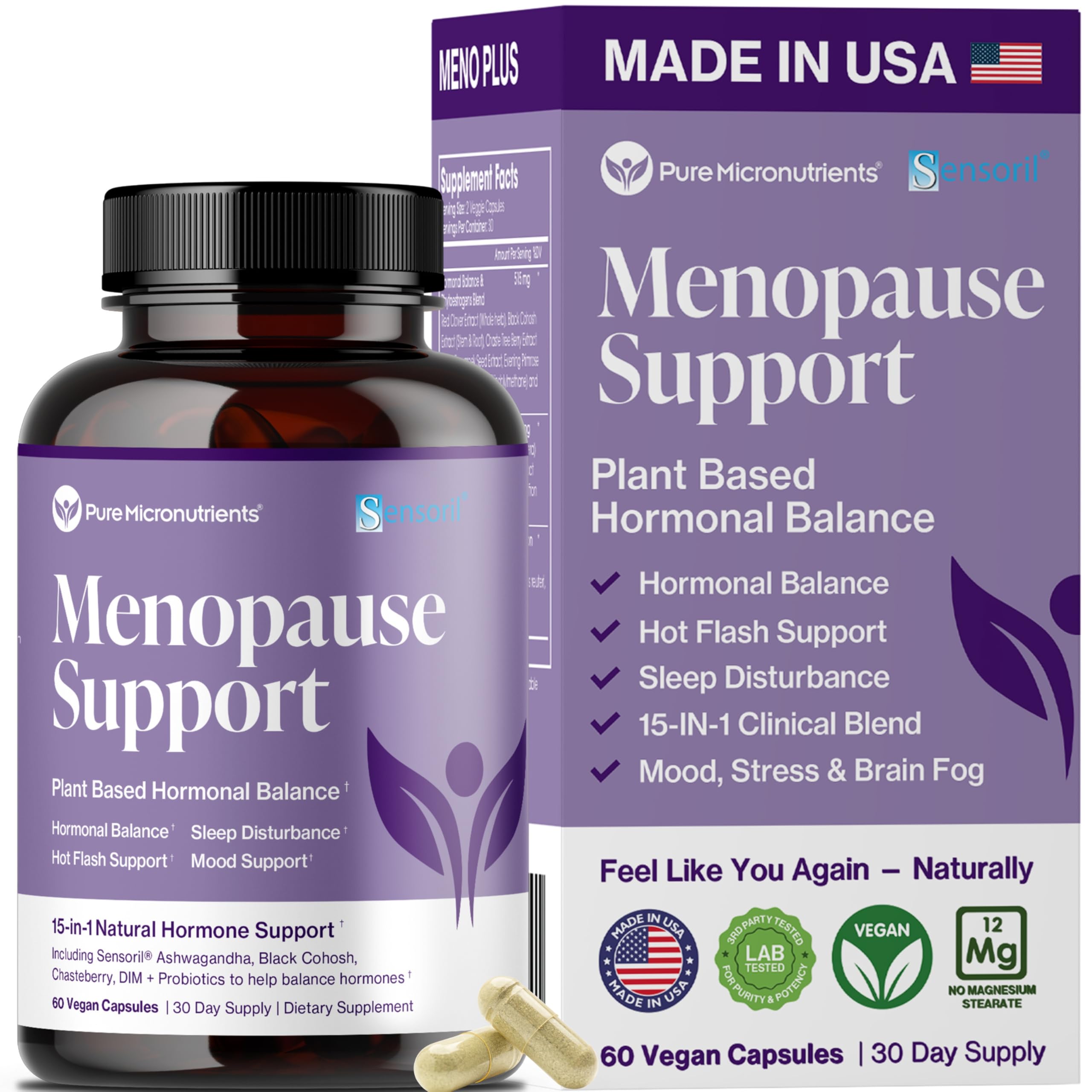 Menopause Supplements for Women - Natural Hormone Balance - Hot Flashes, Night Sweats, Sleep & Mood Support. with Sensoril® Ashwagandha, DIM, Chaste Berry & Black Cohosh Root - 60 Count Pure Micronutrients uk supplements