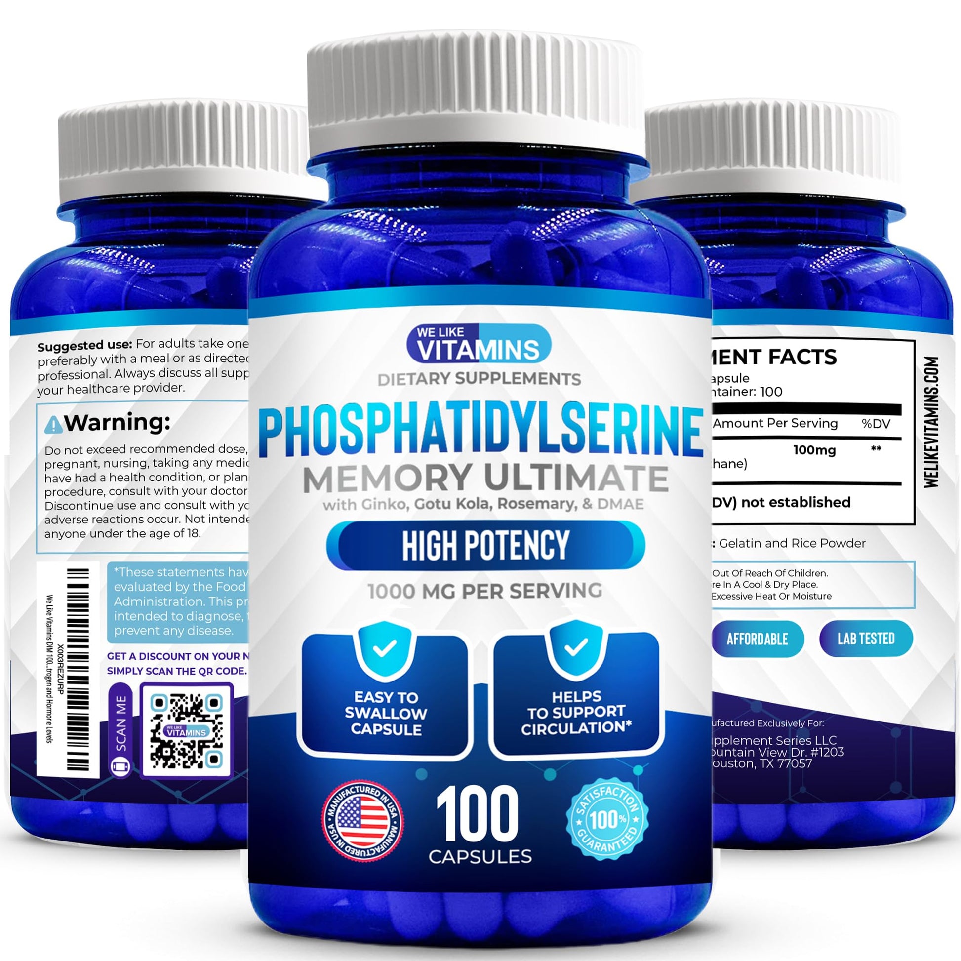 We Like Vitamins Phosphatidylserine Supplement with Gingko Biloba, Gotu Kola, DMAE - Improves Focus, Memory, Cognitive Function - Soy-Free 1000mg Memory Ultimate Complex - 100 Easy-to-Swallow Capsules We Like Vitamins uk supplements