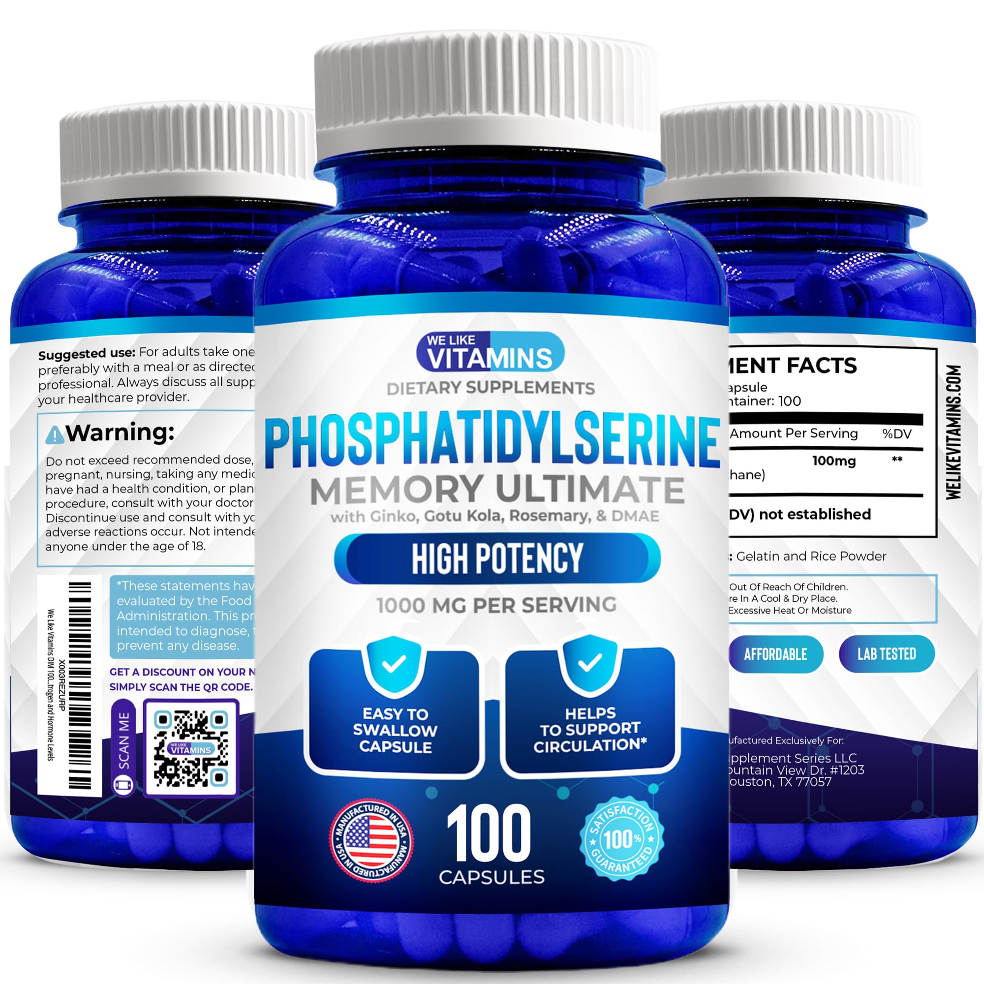 We Like Vitamins Phosphatidylserine Supplement with Gingko Biloba, Gotu Kola, DMAE - Improves Focus, Memory, Cognitive Function - Soy-Free 1000mg Memory Ultimate Complex - 100 Easy-to-Swallow Capsules We Like Vitamins uk supplements