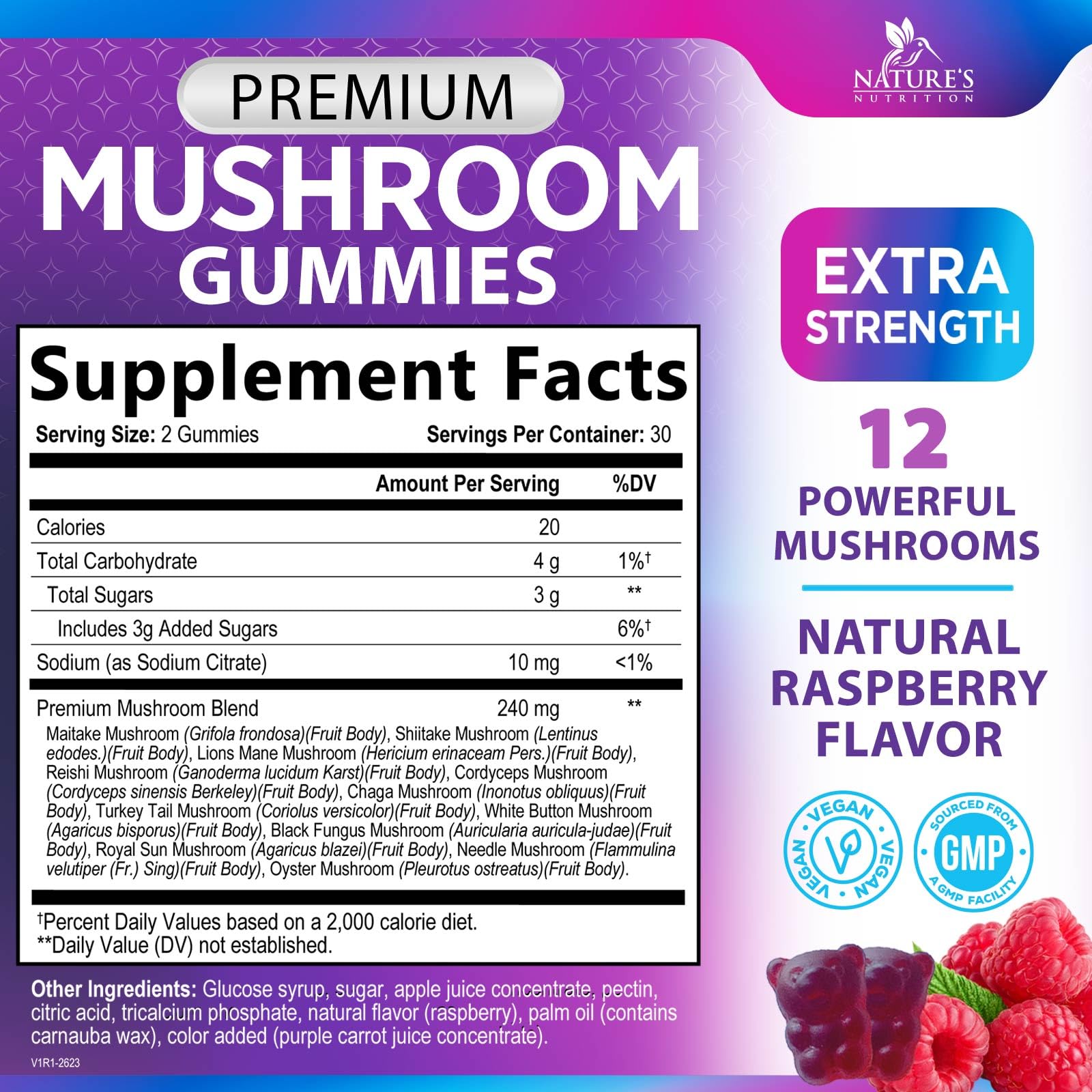 Mushroom Gummies Supplement 12 in 1 - High Grade Blend for Adults with Lions Mane, Reishi, Cordyceps, & Chaga Mushroom Complex Gummy, Memory & Immune Support & Nootropic Brain Supplements - 60 Gummies Nature's Nutrition uk supplements