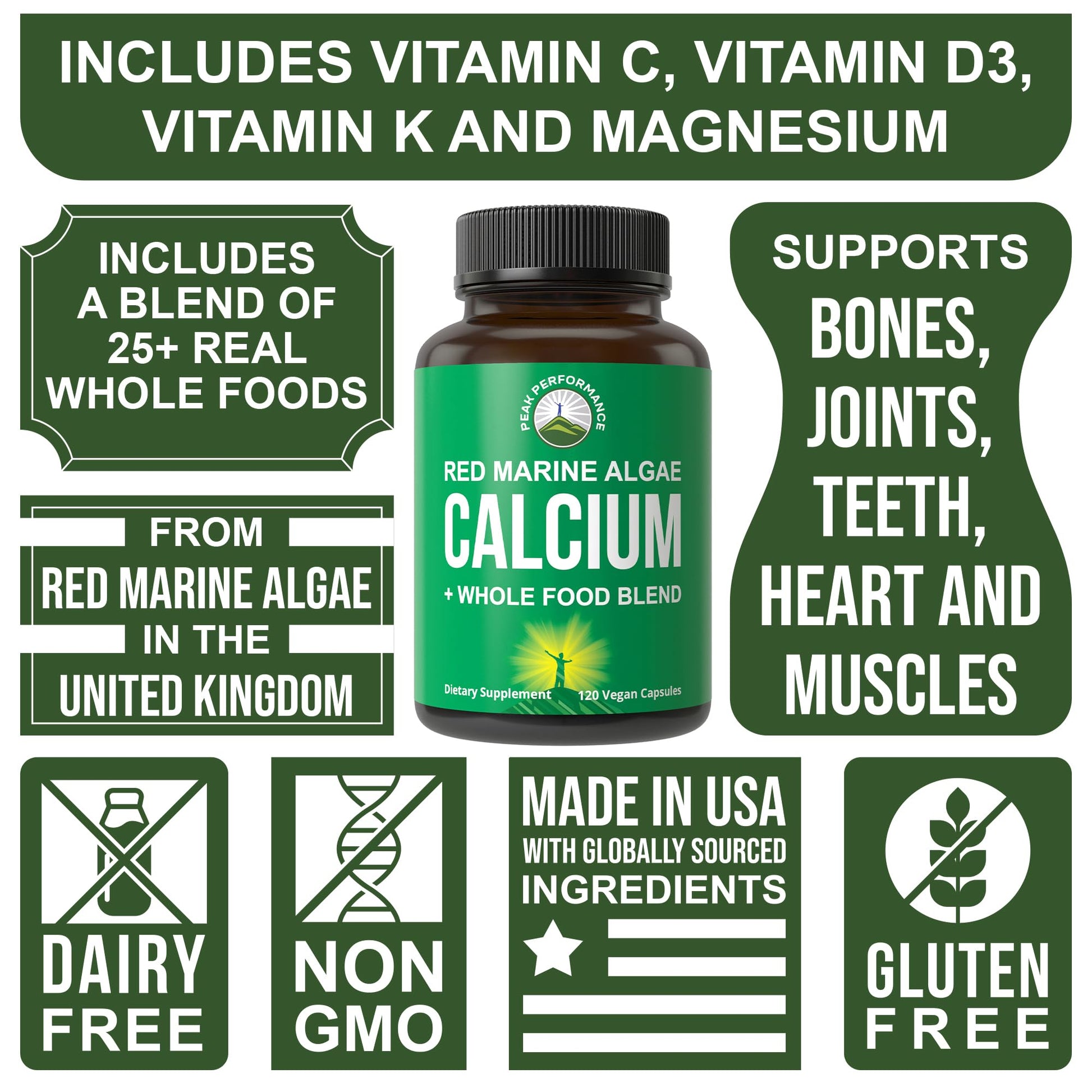 Plant Based Calcium - Red Marine Algae Calcium Supplement with Vitamin C, D3, K, Magnesium, and Whole Food Vegetable Blend. Vegan Capsules for Bones and Joints. 120 Pills, Tablets Peak Performance uk supplements