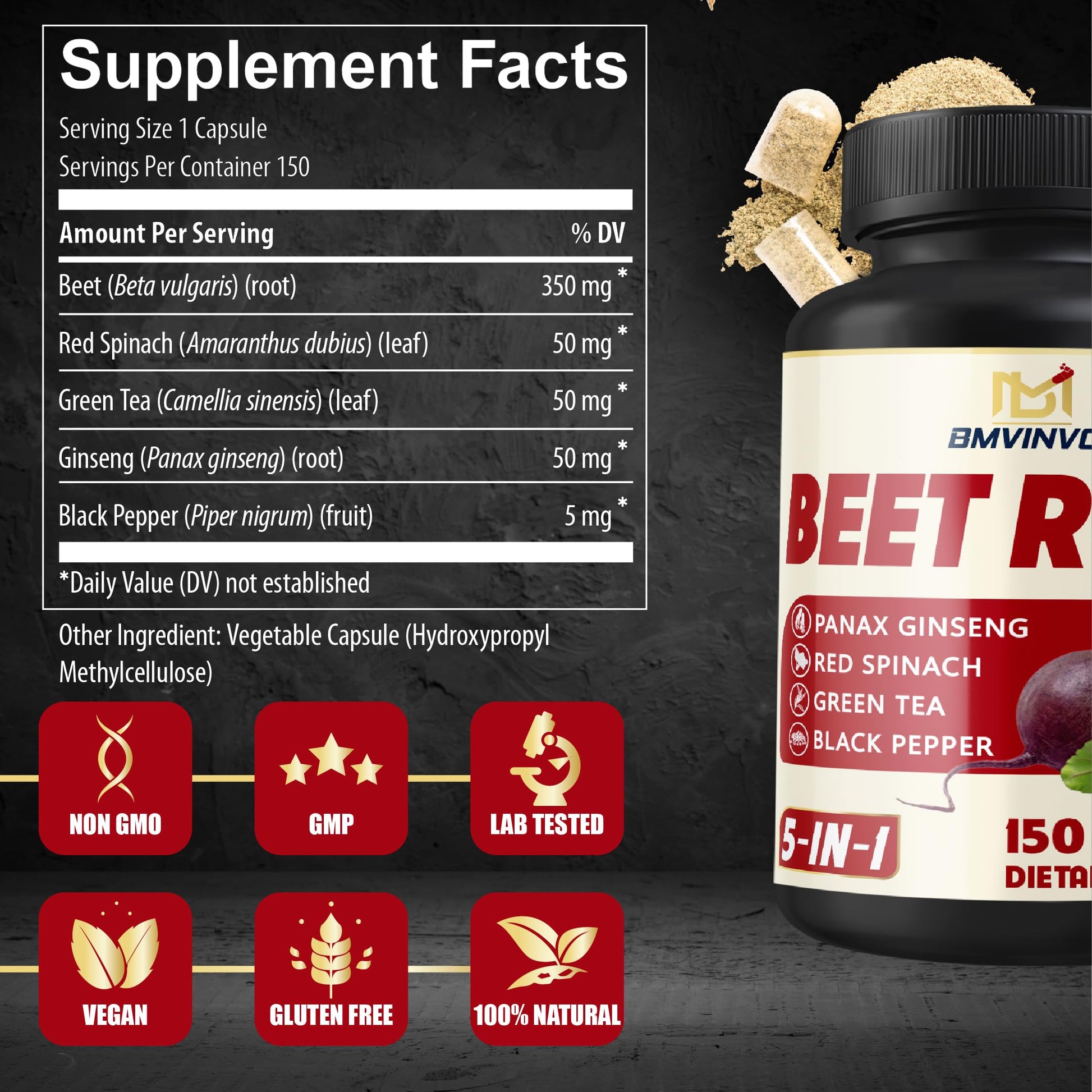 Beet Root, Green Tea, Red Spinach, Ginseng, Black Pepper - 150 Capsules - Supports Digestive, Immune System, Energy Levels - 5 Month Supply BMVINVOL uk supplements