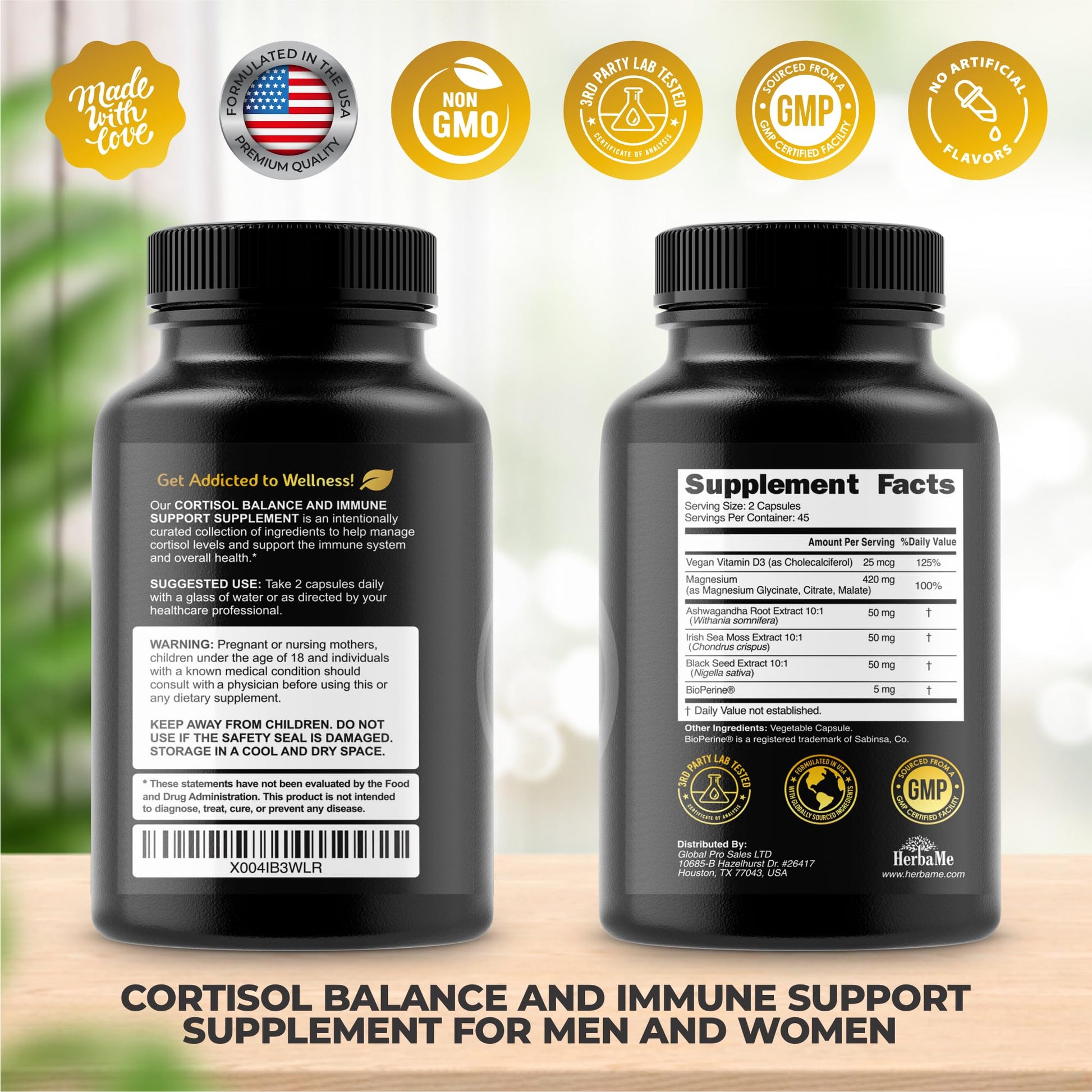 Cortisol Balance and Immune Support Supplement with Ashwagandha, Irish Sea Moss, Black Seed, Vitamin D and Magnesium Complex | Mood Enhancer | Immunity Booster | Stress Relief Pills | 90 Capsules HerbaMe uk supplements