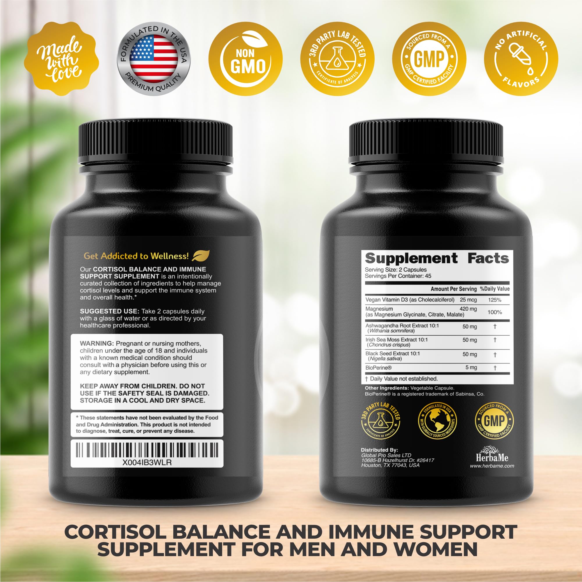 Cortisol Balance and Immune Support Supplement with Ashwagandha, Irish Sea Moss, Black Seed, Vitamin D and Magnesium Complex | Mood Enhancer | Immunity Booster | Stress Relief Pills | 90 Capsules HerbaMe uk supplements