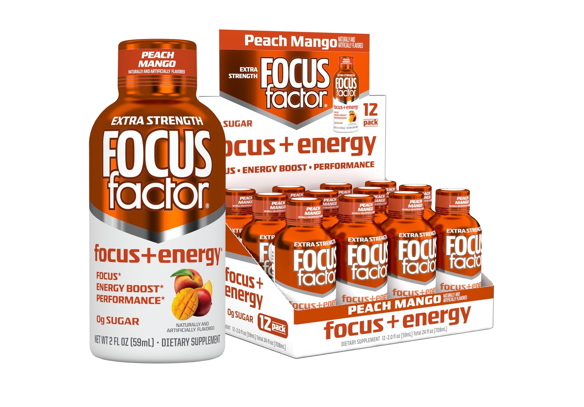 Focus Factor Extra Strength Focus + Energy Shots - 12 x 2oz Bottles (Peach Mango Flavor) - Powered by Nootropics with Caffeine, L-Theanine, Ginkgo, Bacopa, L-Tyrosine, Alpha GPC Focus Factor uk supplements