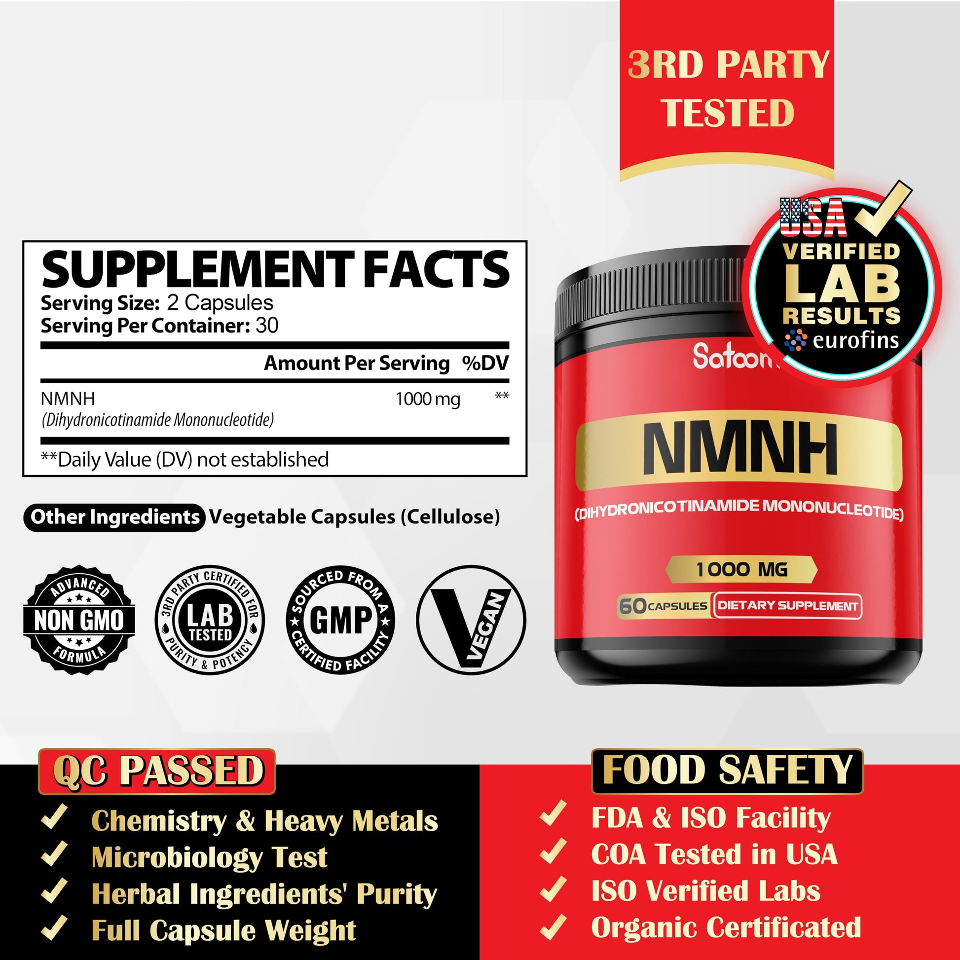 NMNH (Dihydronicotinamide Mononucleotide) -NMN Supplement Alternative - 1000mg per Serving NAD Supplement to Support NAD - 60 Capsules - 30 Days Supply Satoomi uk supplements