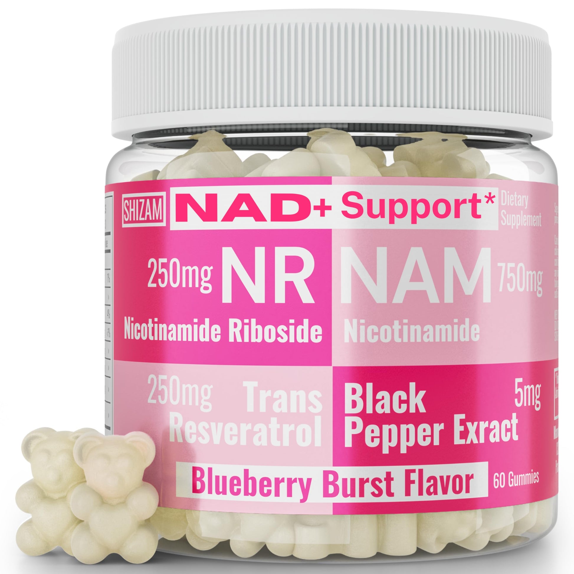 SHIZAM Nicotinamide Riboside NR NAM Resveratrol Gummies, 1000mg NAD+ NAD + Plus Nrf2 Activator Booster w Pure Niacinamide Vitamins B3 Capsules Pills Powder Supplements Alt NDA Regenerator 500mg SHIZAM uk supplements