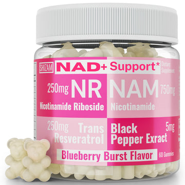 SHIZAM Nicotinamide Riboside NR NAM Resveratrol Gummies, 1000mg NAD+ NAD + Plus Nrf2 Activator Booster w Pure Niacinamide Vitamins B3 Capsules Pills Powder Supplements Alt NDA Regenerator 500mg SHIZAM uk supplements