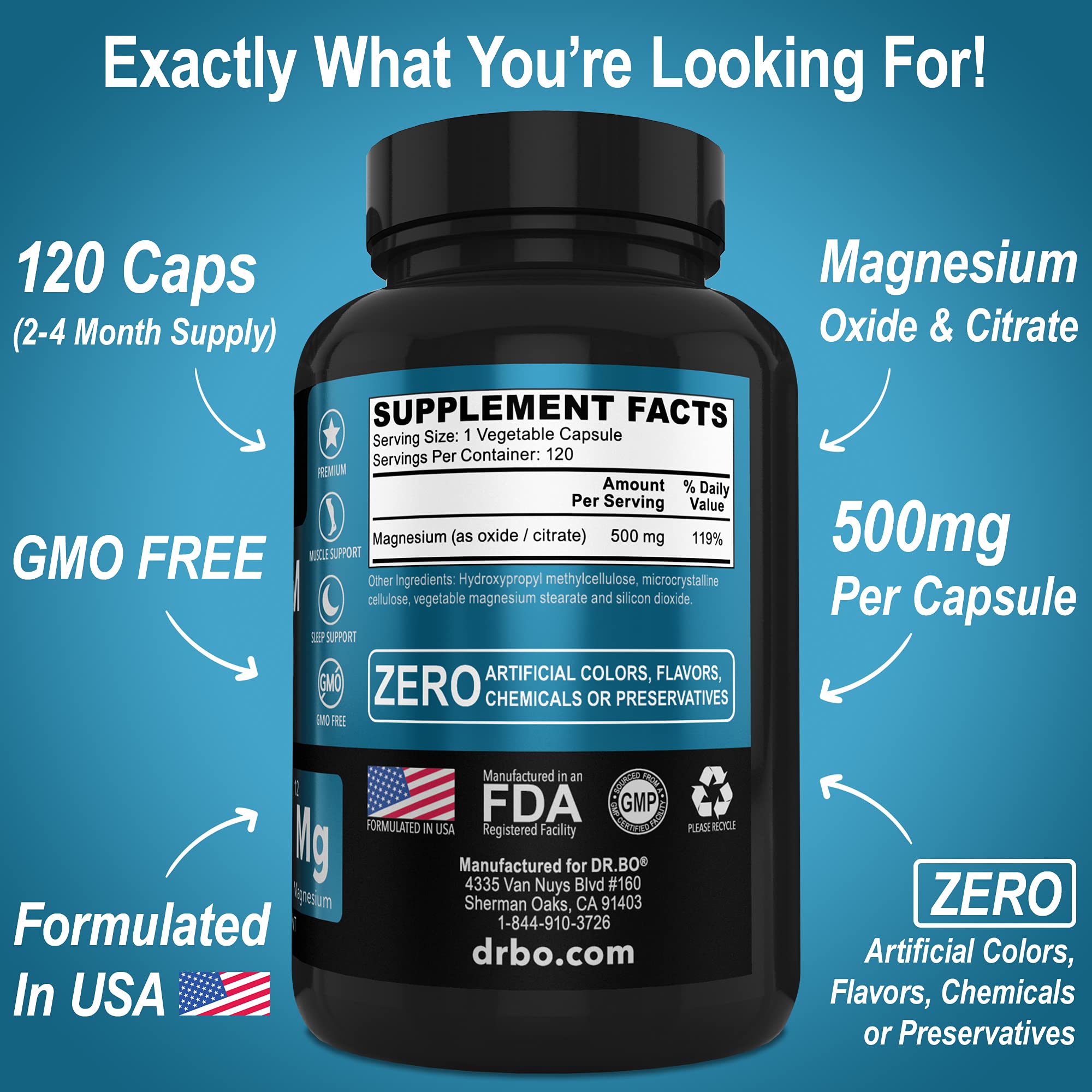 Magnesium Complex Supplement Capsules 500mg - Support Energy, Relaxation, Leg Cramps & Legs - Help Aid Muscle Support Supplements - High Absorption Premium Mag Citrate Oxide - 120 Capsules DR. BO uk supplements