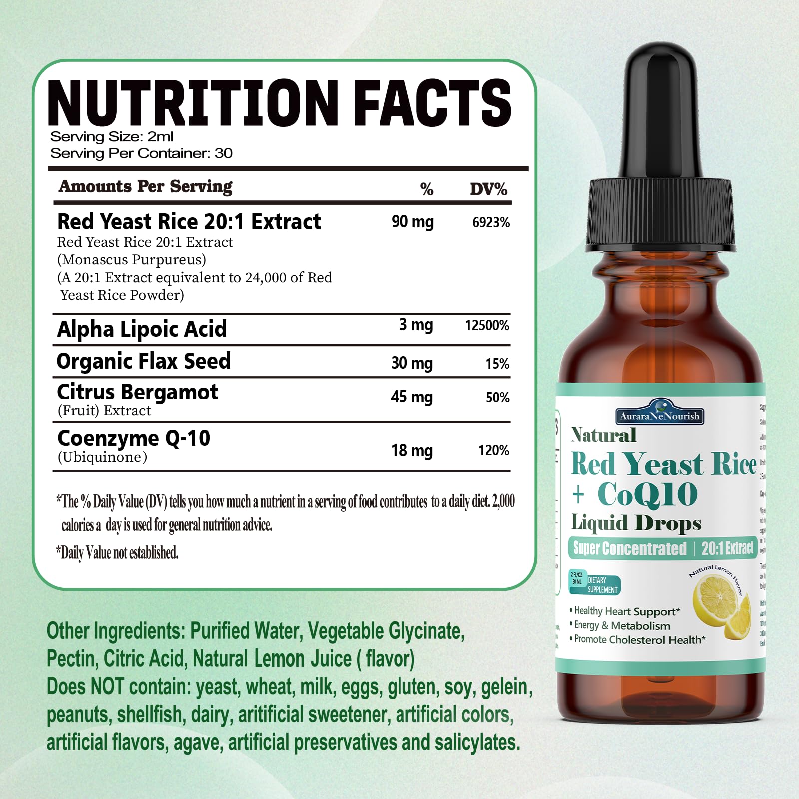 Liposomal Red Yeast Rice with Coq10 Liquid Drops, 5-in-1 Extra Strength 1200mg Cholesterol & Heart Support w. Citrus Bergamot Alpha Lipoic Acid | Cholesterol Lowering Supplement | GMO & Citrinin Free AuraraNeNourish uk supplements
