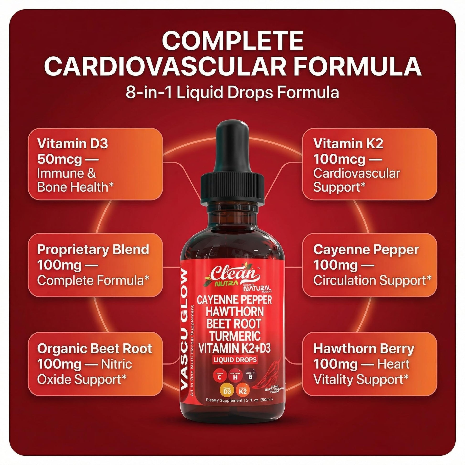 Clean Nutra Cayenne Pepper Drops Supplement Liquid + Hawthorn Berry, Vitamin D3 K2 Beet Root Powder, Ceylon Cinnamon, Turmeric Curcumin, Organic Panax Ginseng, Berberine Extract 1 Pack Clean Nutraceuticals uk supplements