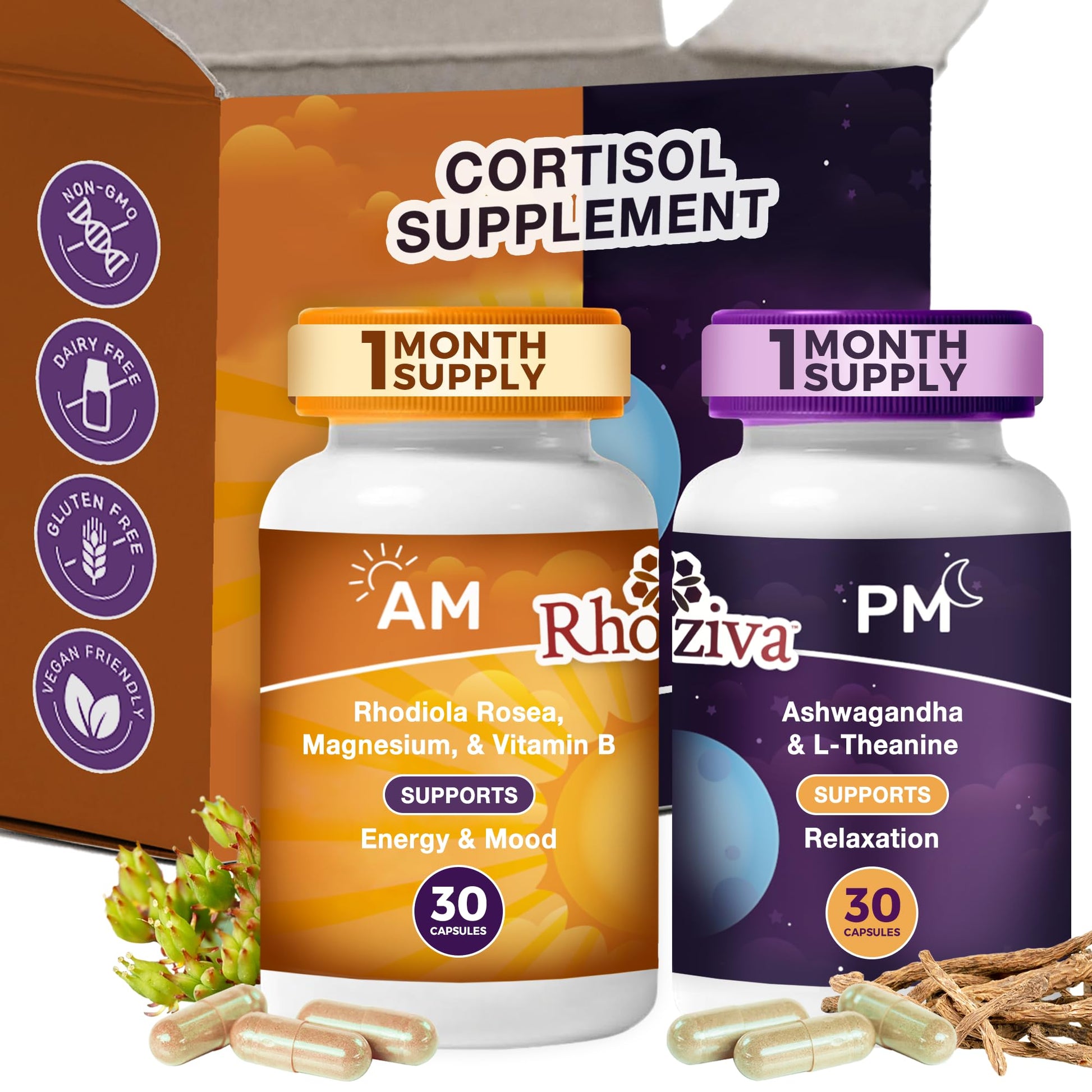 AM PM Multivitamin - Cortisol Supplements for Women and Men with L-Theanine, Ashwagandha - Rhodiola Rosea Supplement 200mg - Vitamin B Complex - Nootropics - Day and Night Vitamins for Women & Men Rhoziva uk supplements