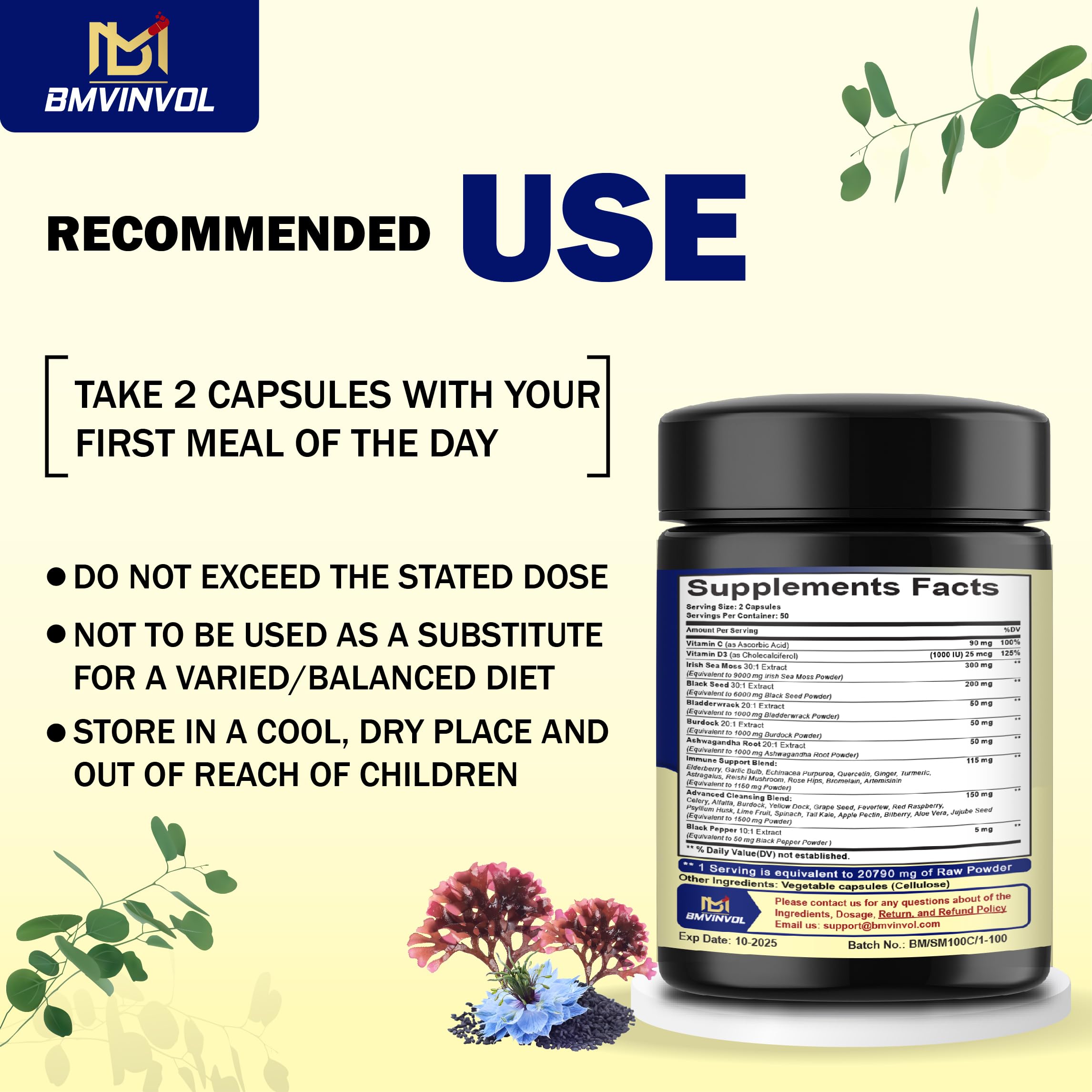 BMVINVOL 100 Capsules - Sea Moss Capsules 20790mg with Bladderwrack, Burdock BMVINVOL uk supplements