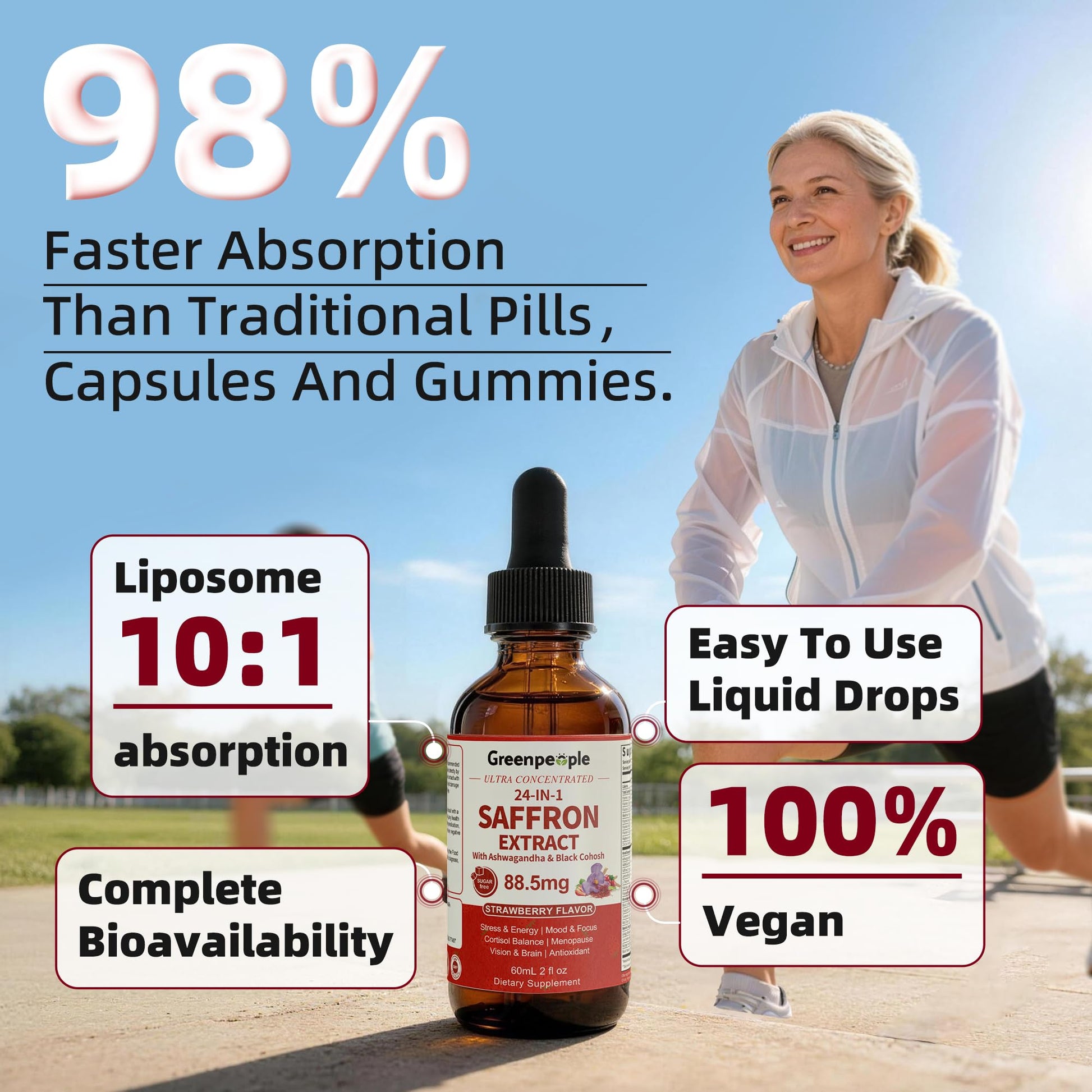 GREENPEOPLE Saffron Extract Supplements Drop - 24-in-1 88.5mg Saffron Extract with Ashwagandha,Black Cohosh & Lion's Mane for Mood&Focus,Stress Relief,Cortisol Reducer,Menopause – Vegan 2FL OZ GREENPEOPLE uk supplements