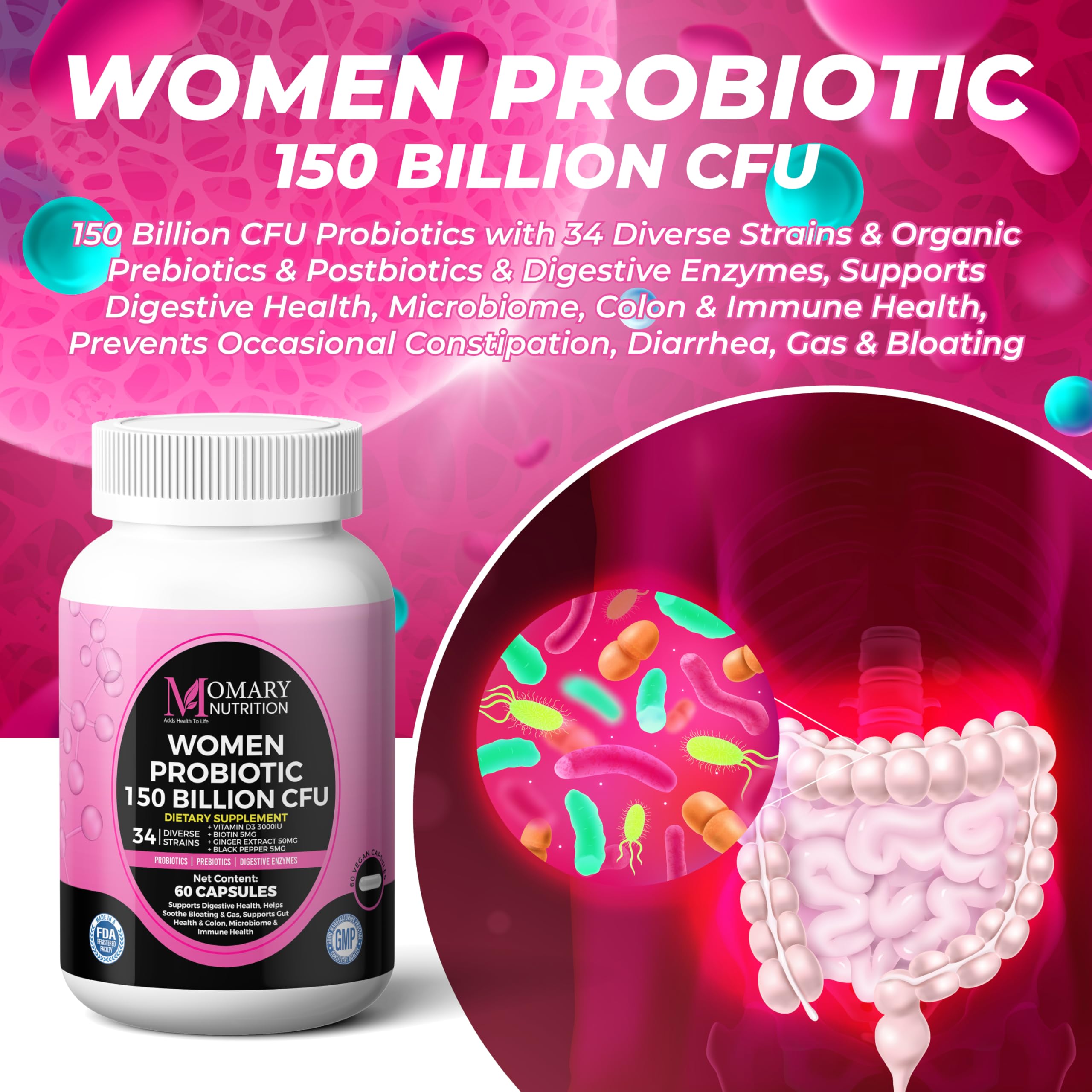 9-in-1 Bio Cultures Complex for Women – 150 Billion CFU Probiotics with 34 Diverse Strains, Organic Prebiotics, Postbiotics, Digestive Enzymes & Biotin – Supports Digestive Balance & Gut Microbiome MOMARY NUTRITION uk supplements
