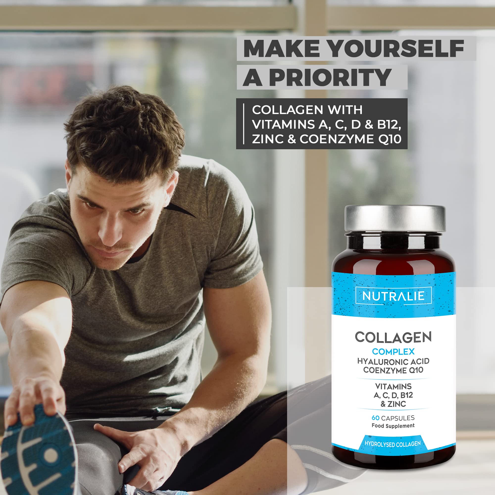 Collagen + Hyaluronic Acid + Q10 Hydrolysed Collagen Women Men + Vitamins A C D B12 Zinc NUTRALIE uk supplements