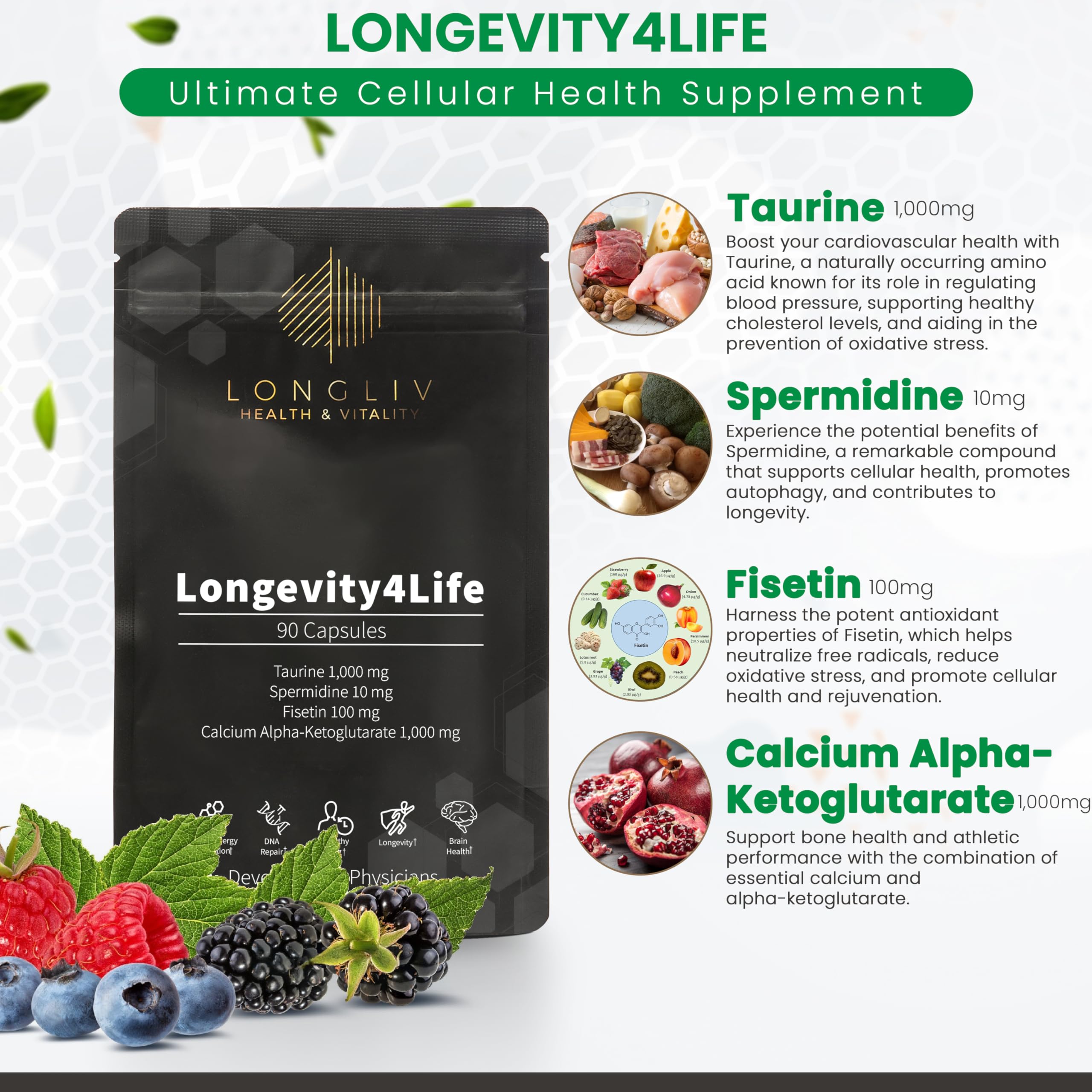 Longevity4Life - Ultimate Cellular Health Supplement - Fisetin, Taurine, Calcium Alpha-Ketoglutarate, and Spermidine Capsules for Longevity and Vitality - Made in USA - Physician Formulated LongLiv Health and Vitality uk supplements
